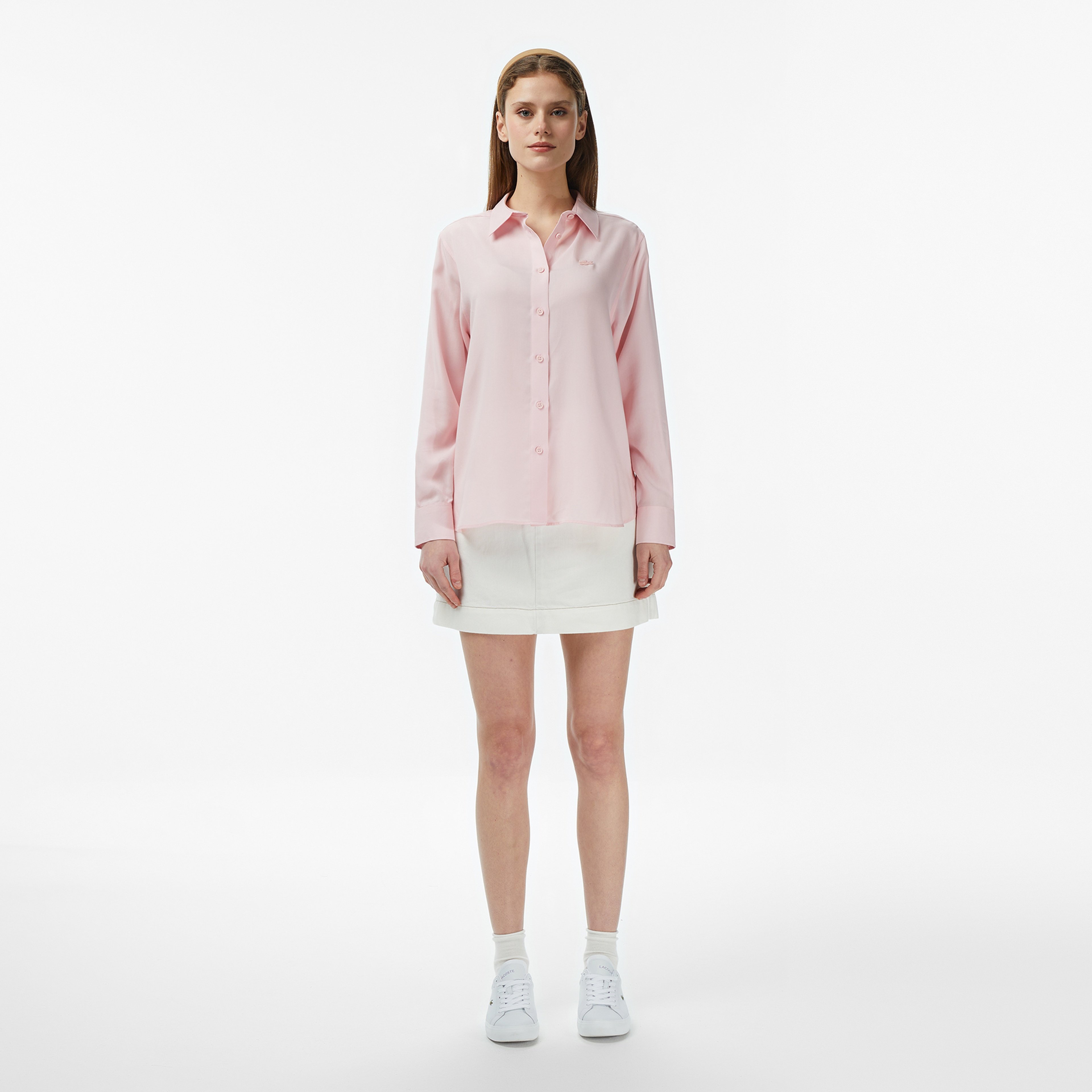 Kadın Slim Fit Düğmeli Yaka Açık Pembe Gömlek