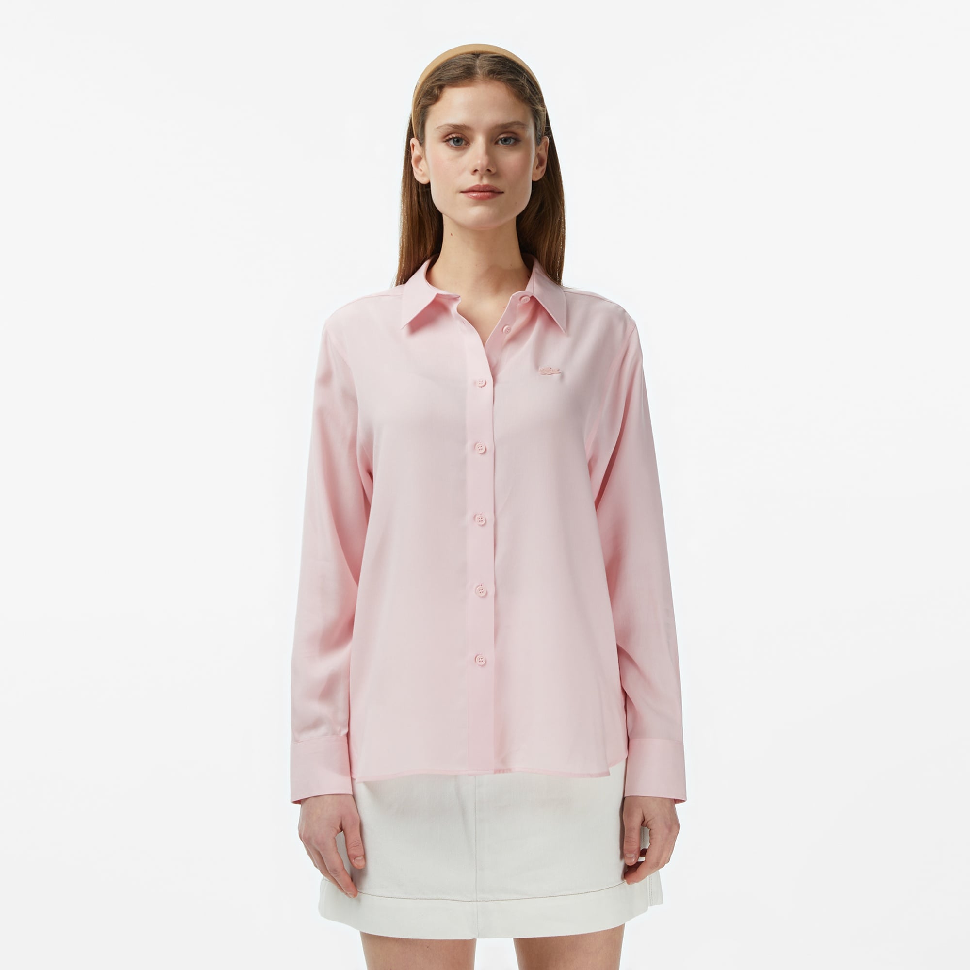 Kadın Slim Fit Düğmeli Yaka Açık Pembe Gömlek