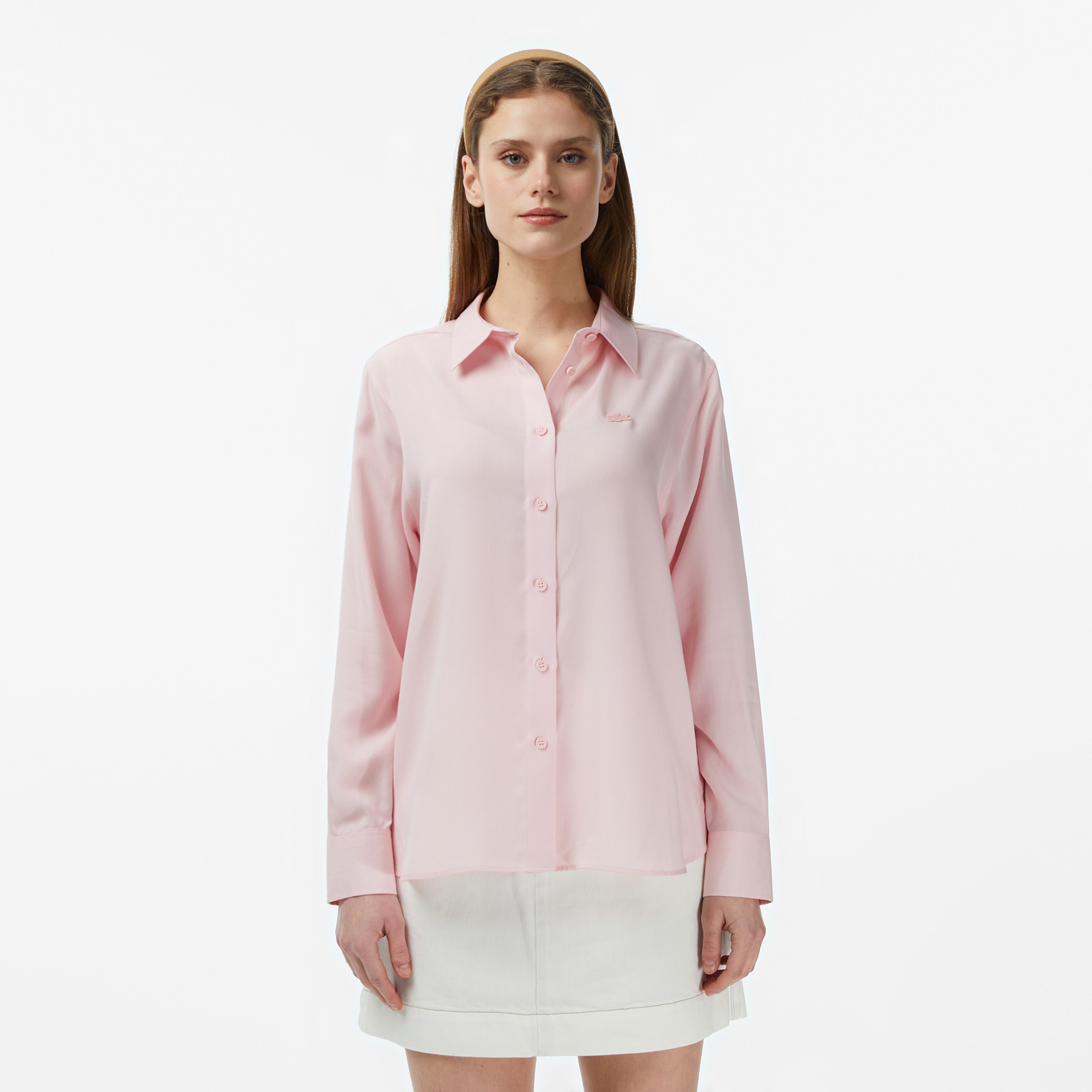 Kadın Slim Fit Düğmeli Yaka Açık Pembe Gömlek