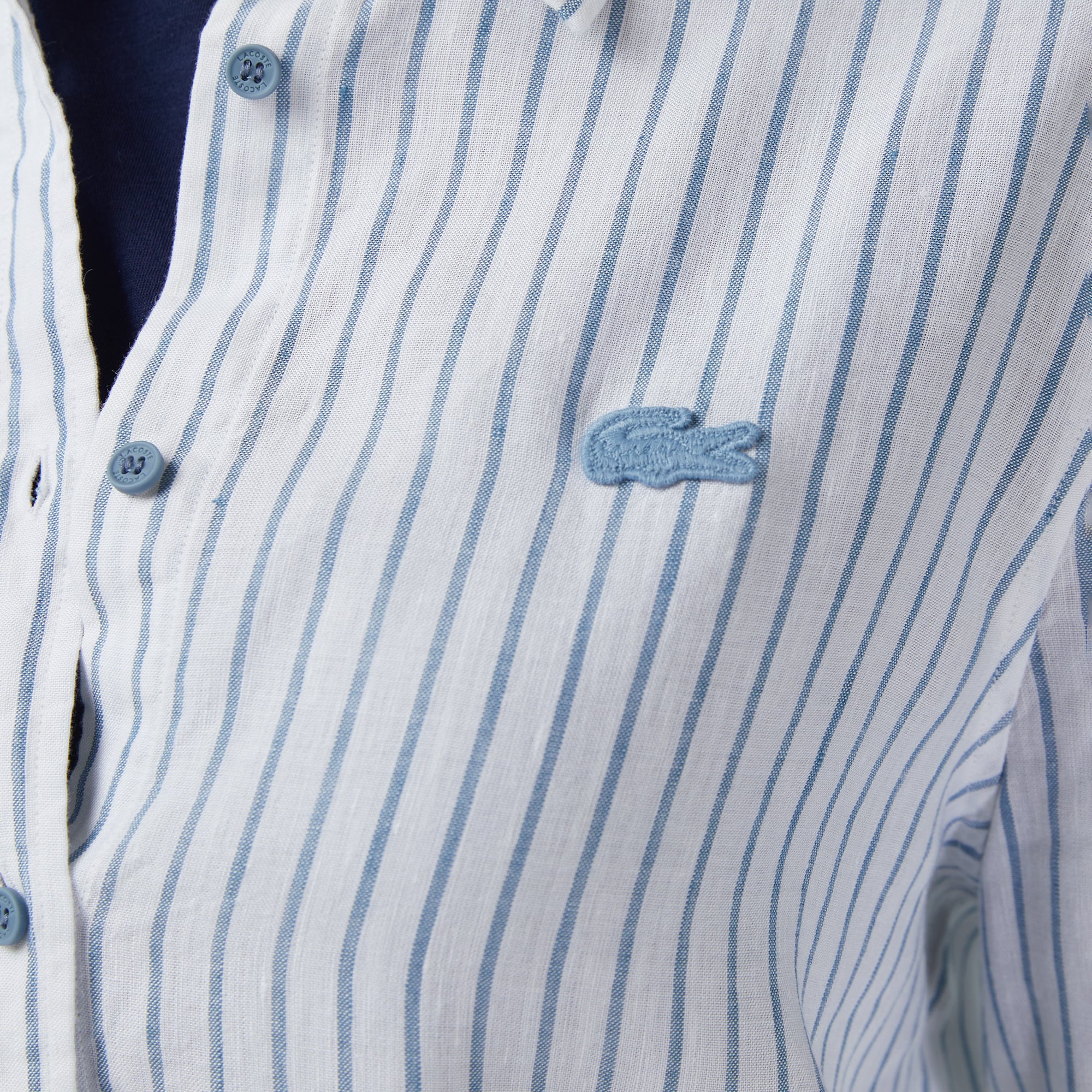 Lacoste Kadın Relaxed Fit Keten Çizgili Mavi Gömlek görsel 7