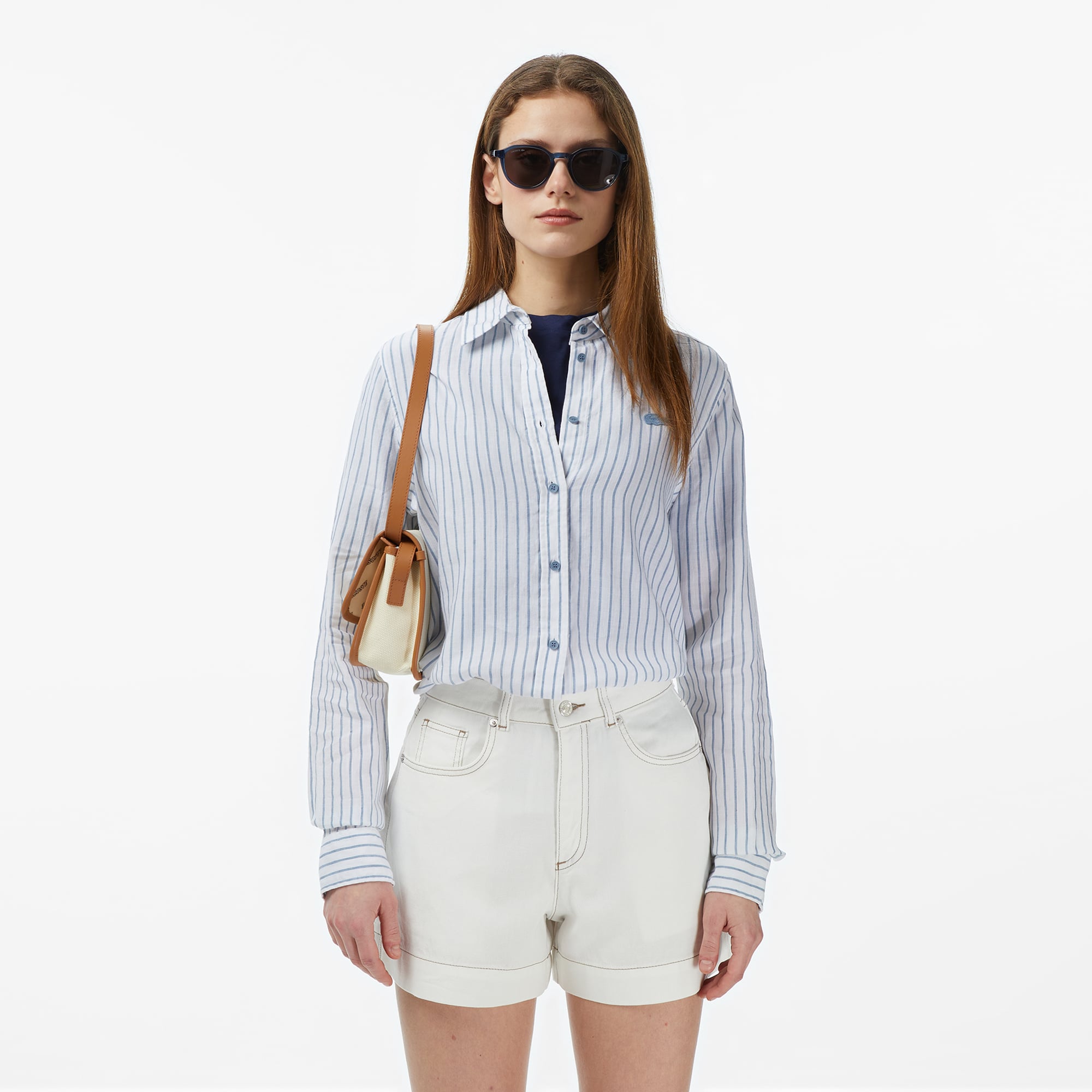 Lacoste Kadın Relaxed Fit Keten Çizgili Mavi Gömlek