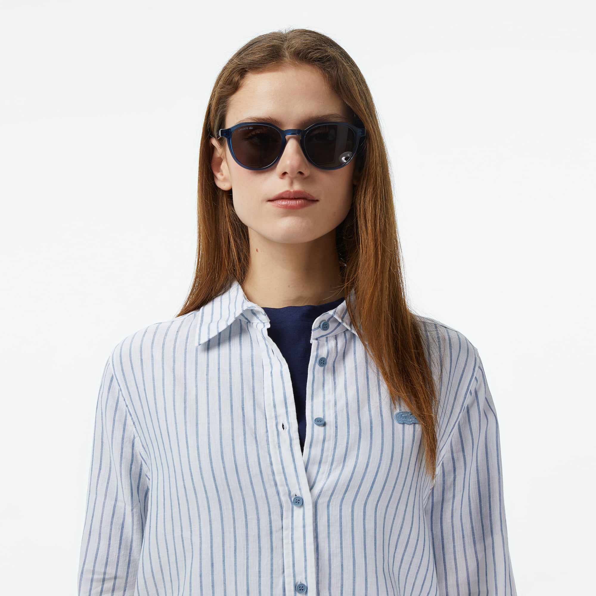 Lacoste Kadın Relaxed Fit Keten Çizgili Mavi Gömlek görsel 6