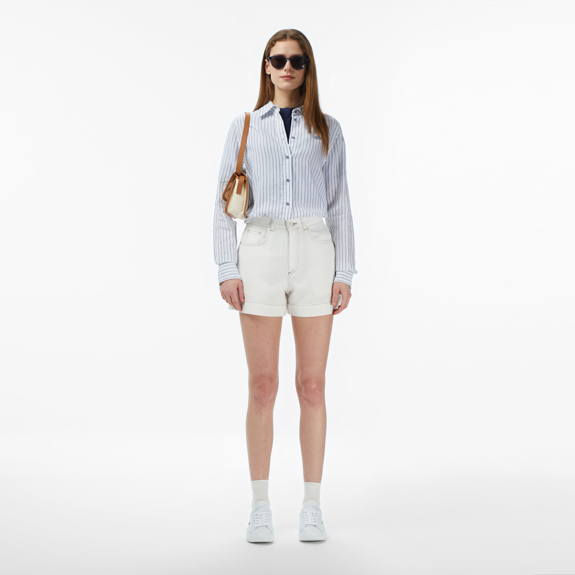 Lacoste Kadın Relaxed Fit Keten Çizgili Mavi Gömlek görsel 5
