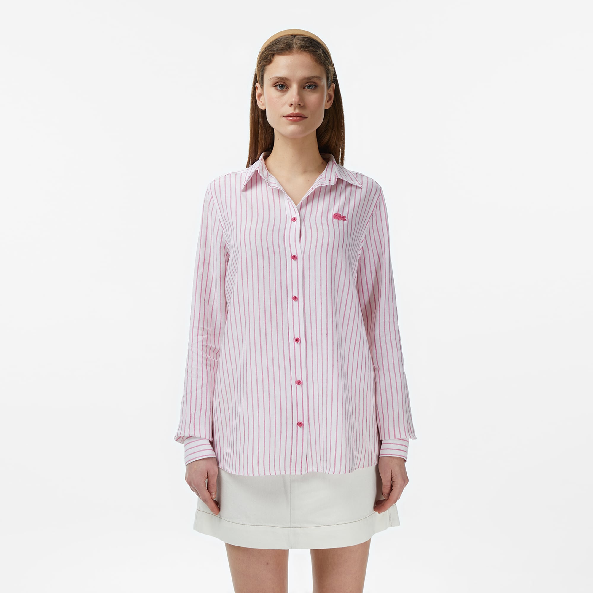 Lacoste Kadın Relaxed Fit Keten Çizgili Pembe Gömlek
