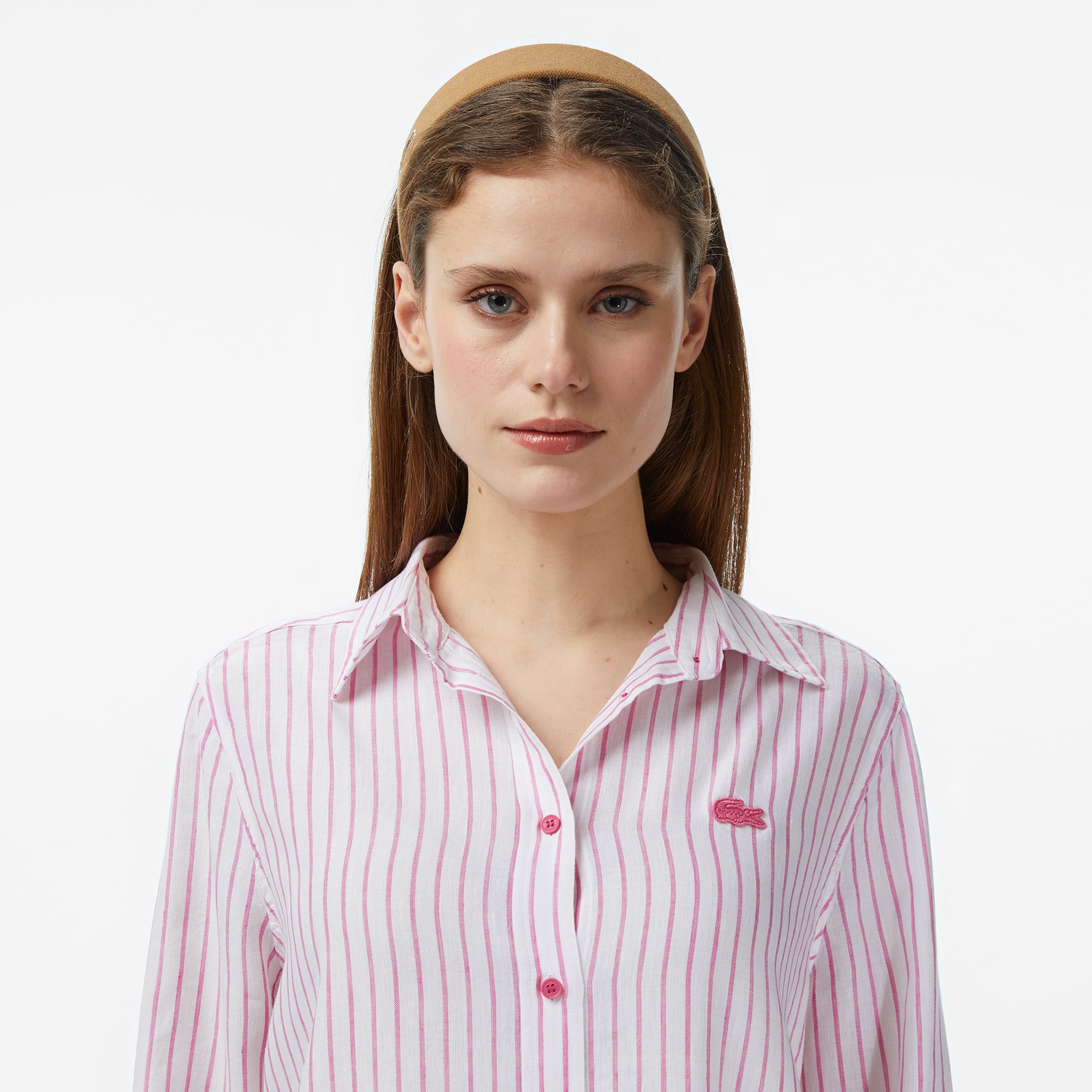 Lacoste Kadın Relaxed Fit Keten Çizgili Pembe Gömlek görsel 6