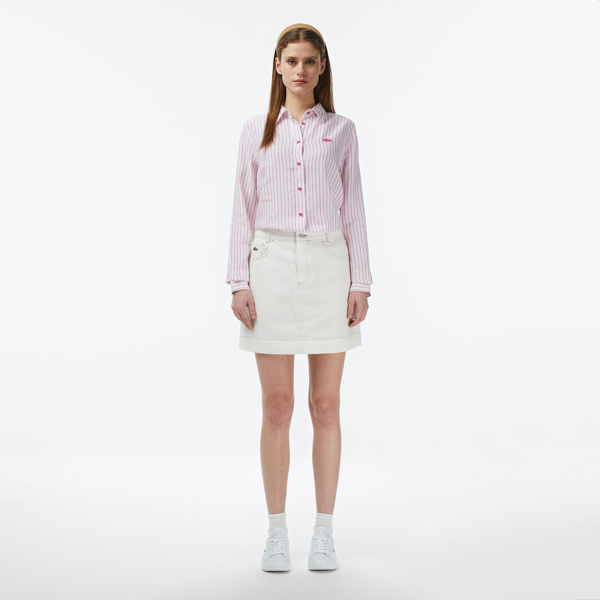 Lacoste Kadın Relaxed Fit Keten Çizgili Pembe Gömlek görsel 5