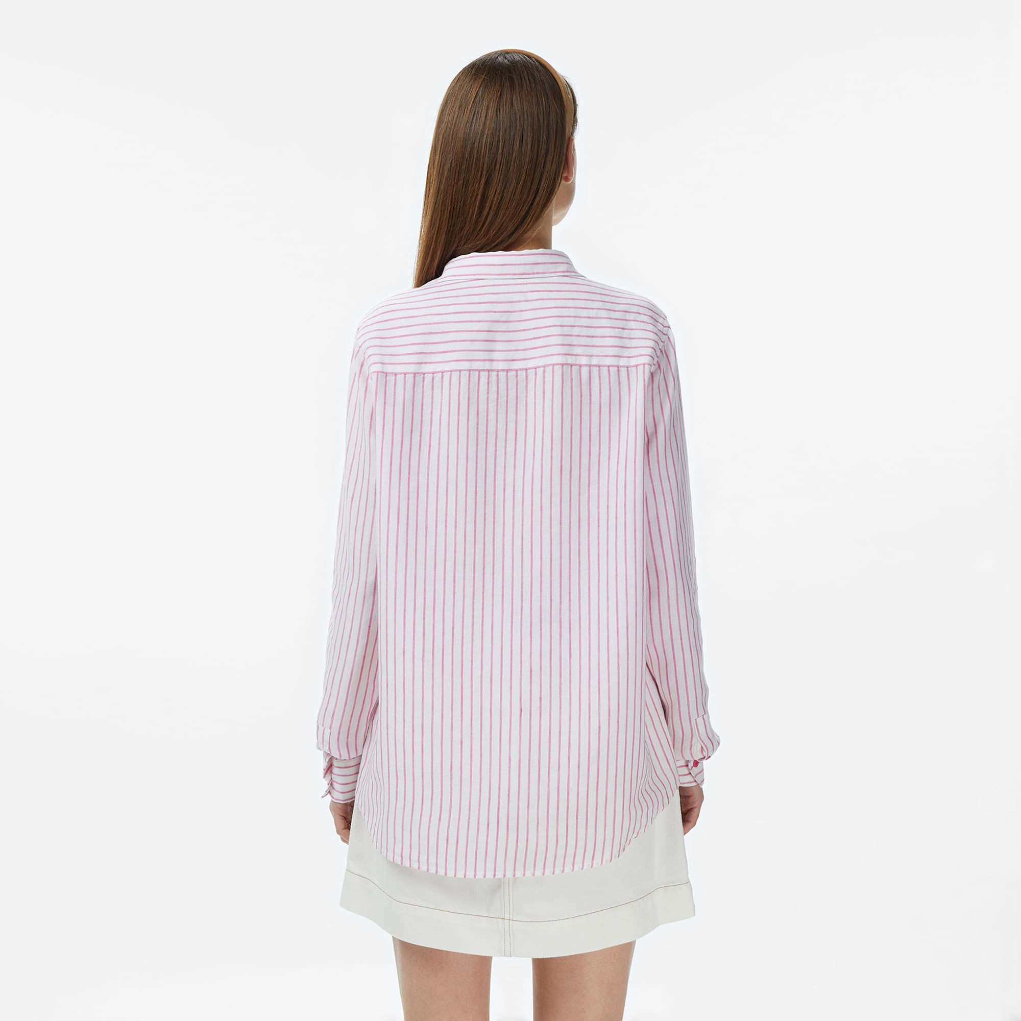 Lacoste Kadın Relaxed Fit Keten Çizgili Pembe Gömlek görsel 2