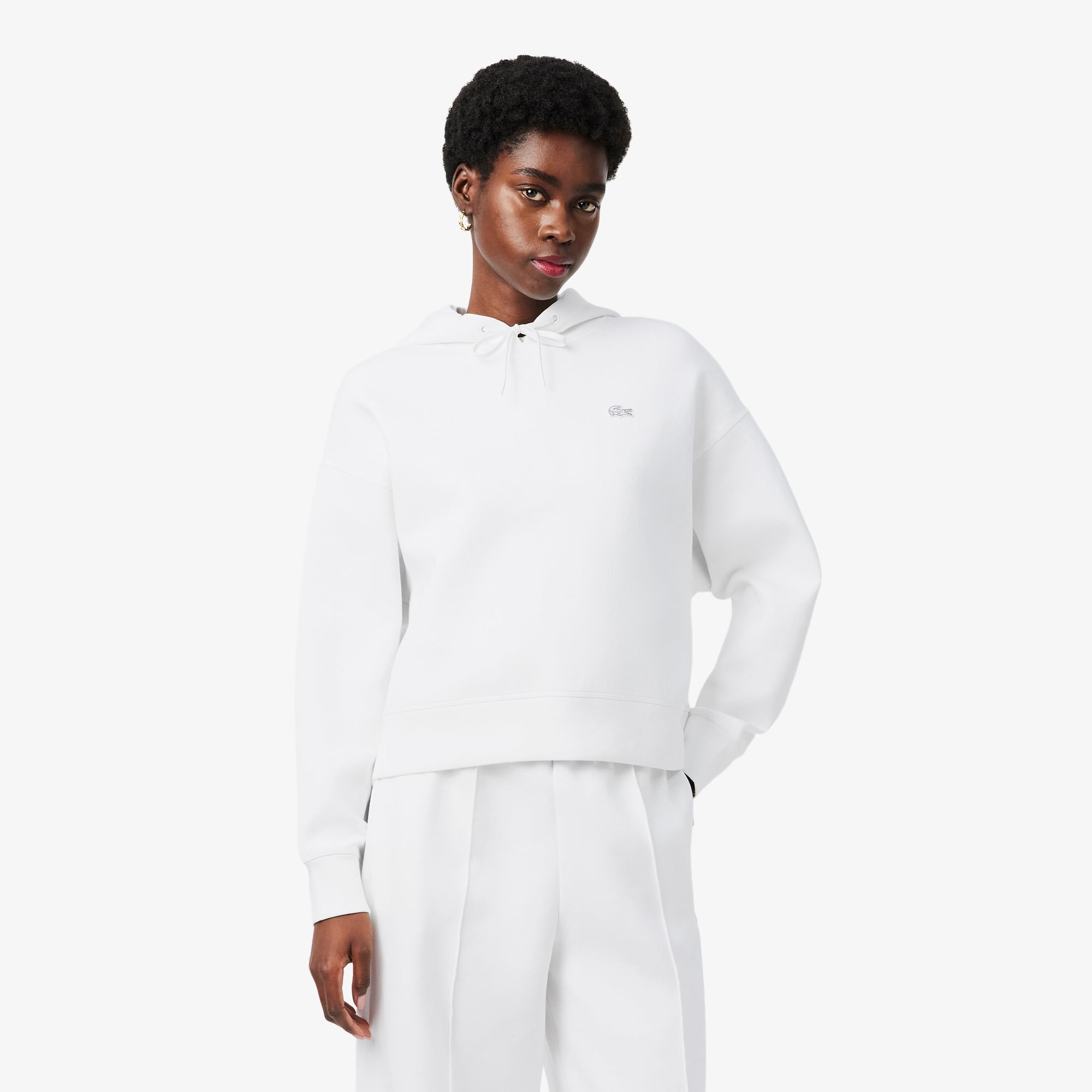 Lacoste Kadın Oversize Fit Kapüşonlu Beyaz Sweatshirt