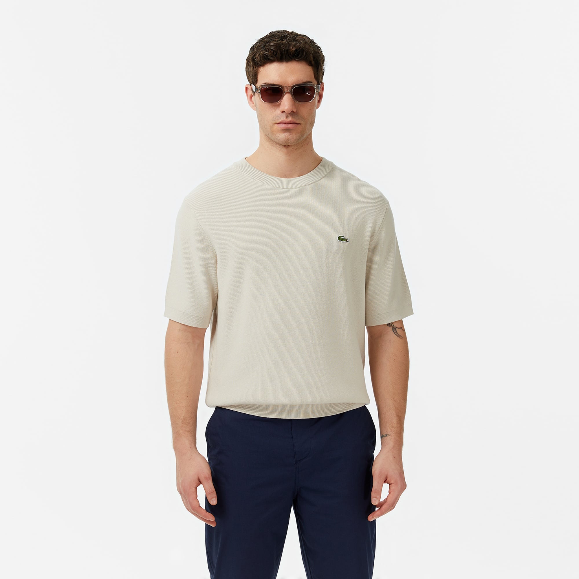 Erkek Classic Fit Kısa Kollu Bisiklet Yaka Bej Triko