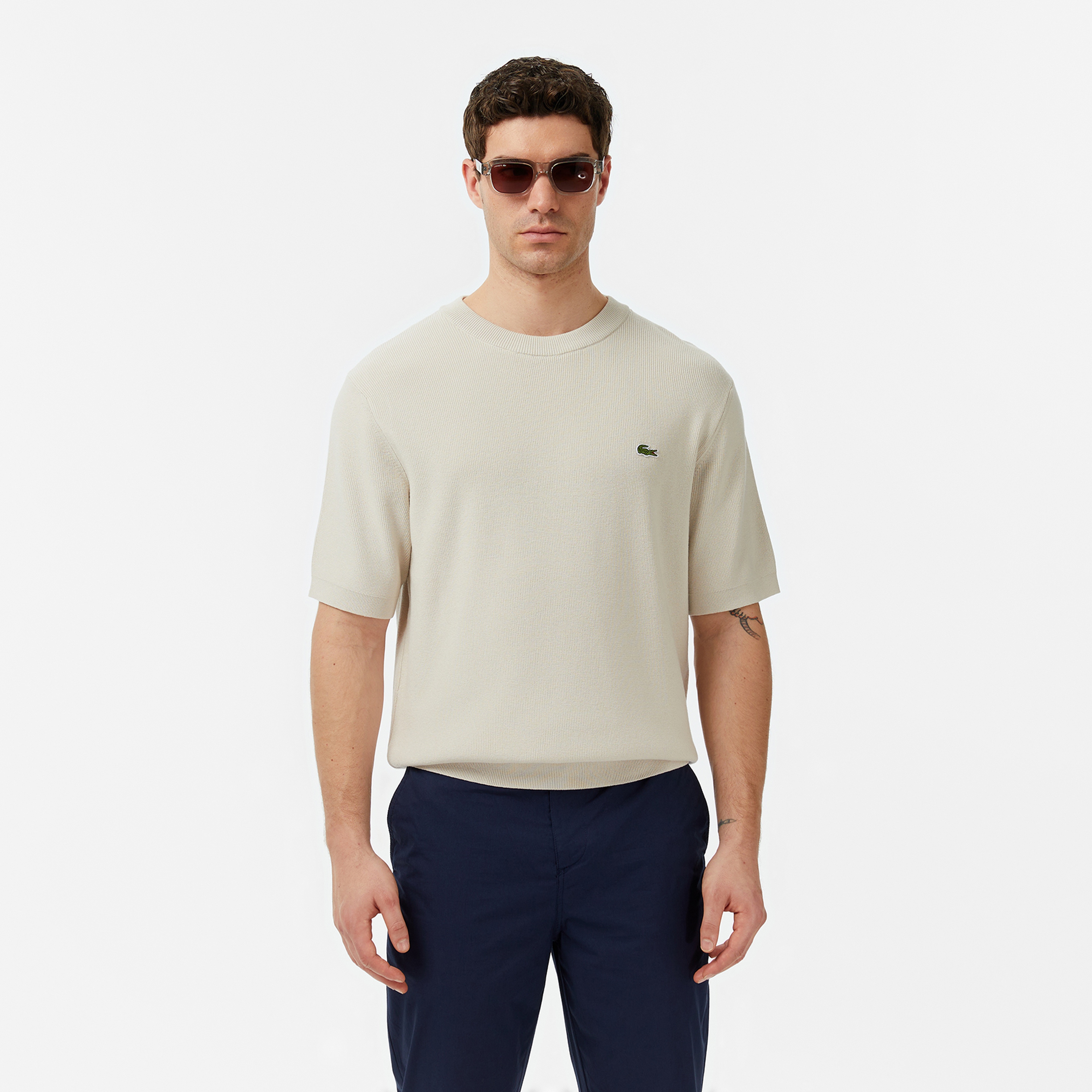 Erkek Classic Fit Kısa Kollu Bisiklet Yaka Bej Triko