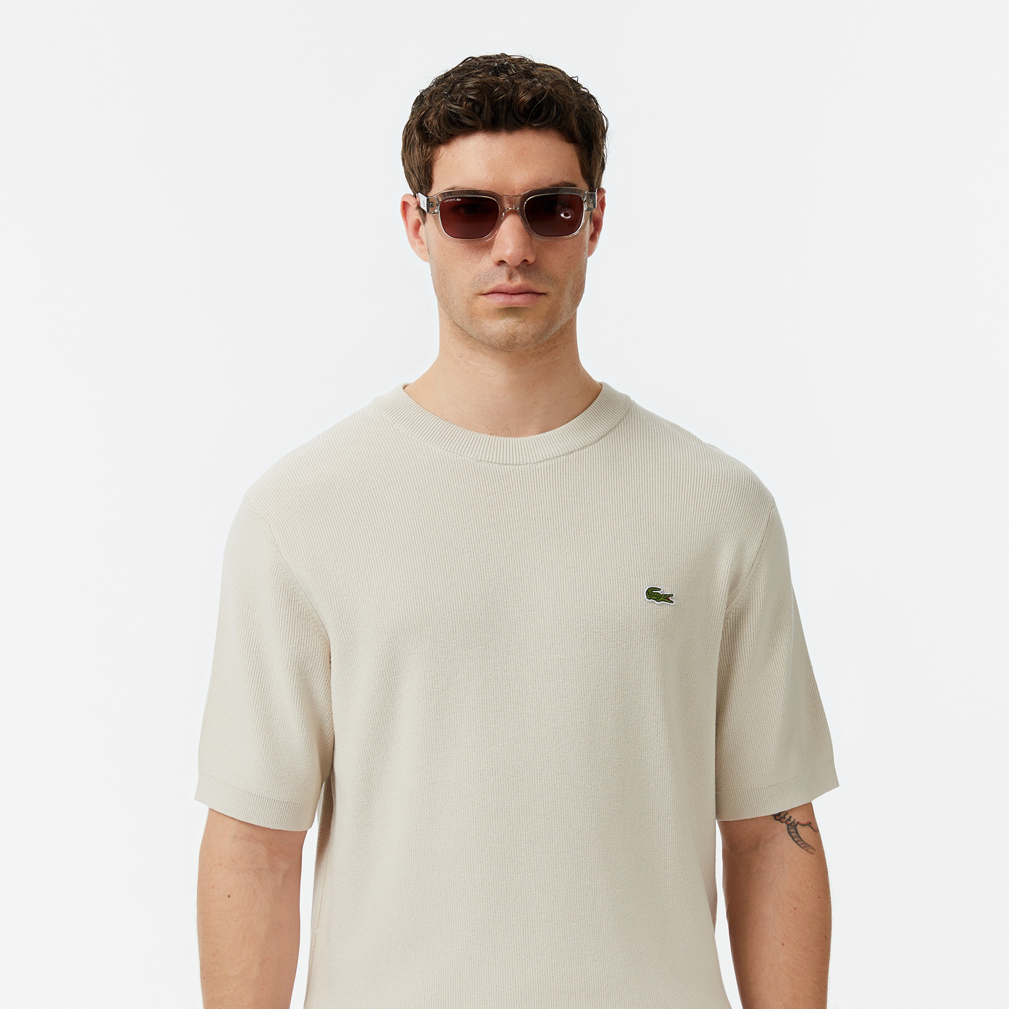 Erkek Classic Fit Kısa Kollu Bisiklet Yaka Bej Triko