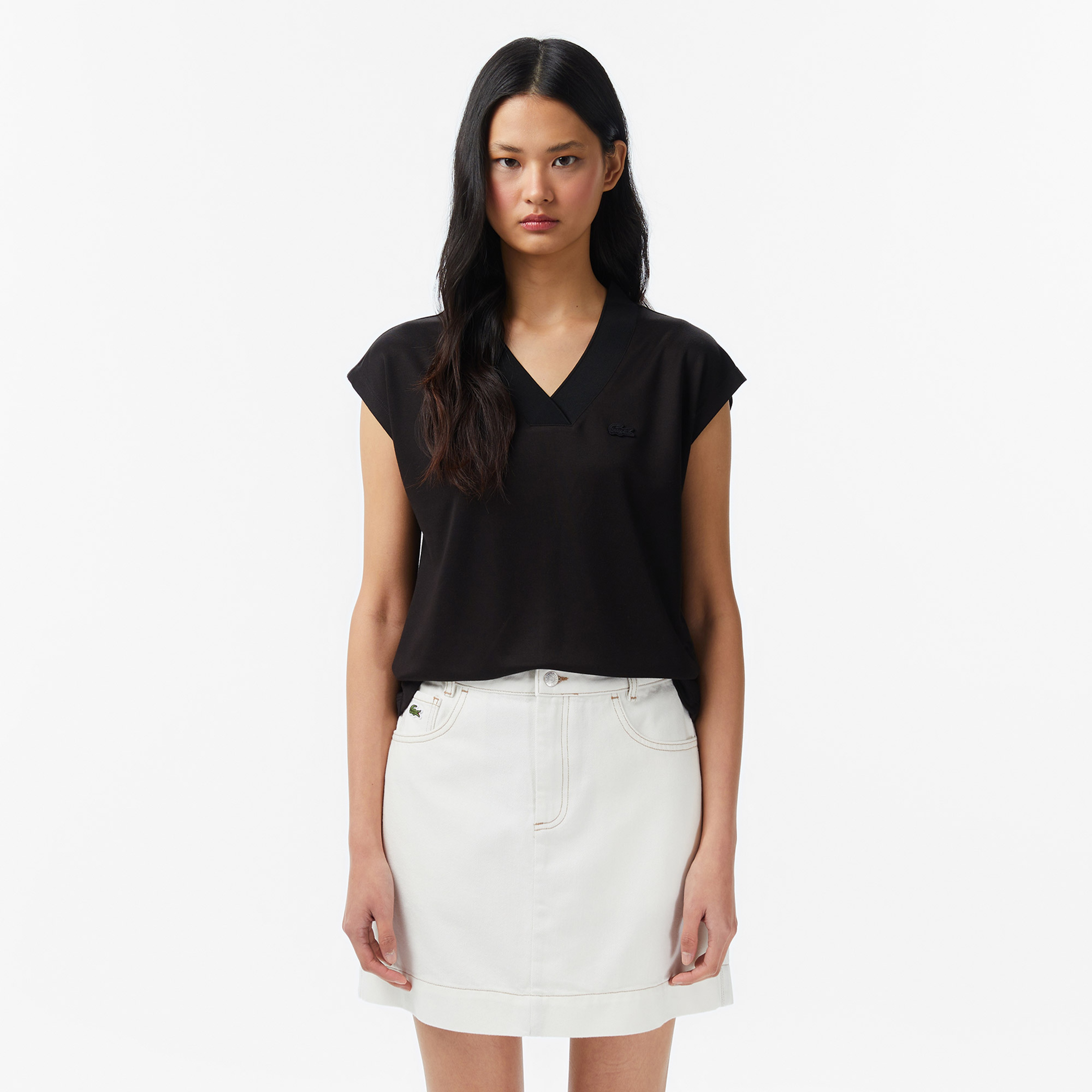 Kadın Slim Fit V Yaka Siyah T-Shirt