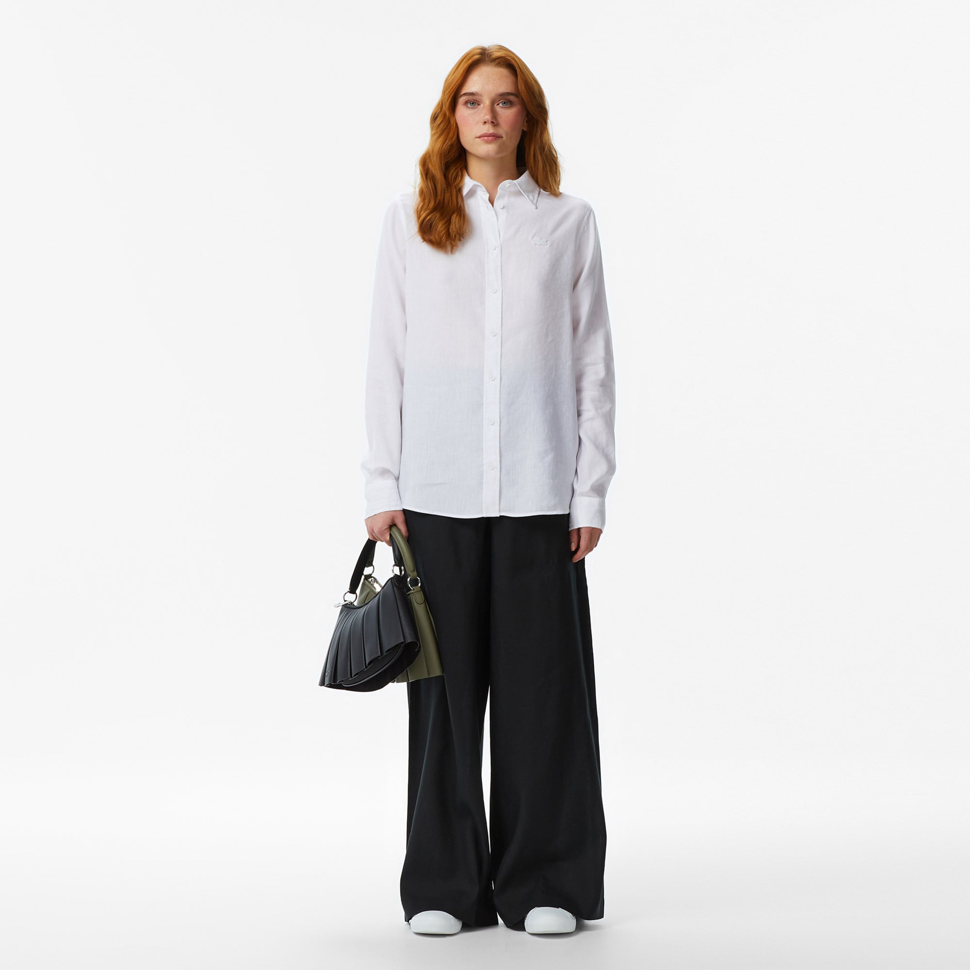 Lacoste Kadın Relaxed Fit Keten Beyaz Gömlek görsel 7