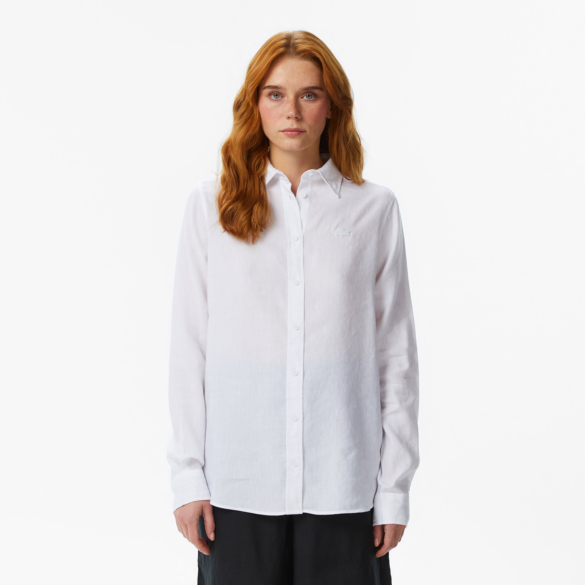 Lacoste Kadın Relaxed Fit Keten Beyaz Gömlek
