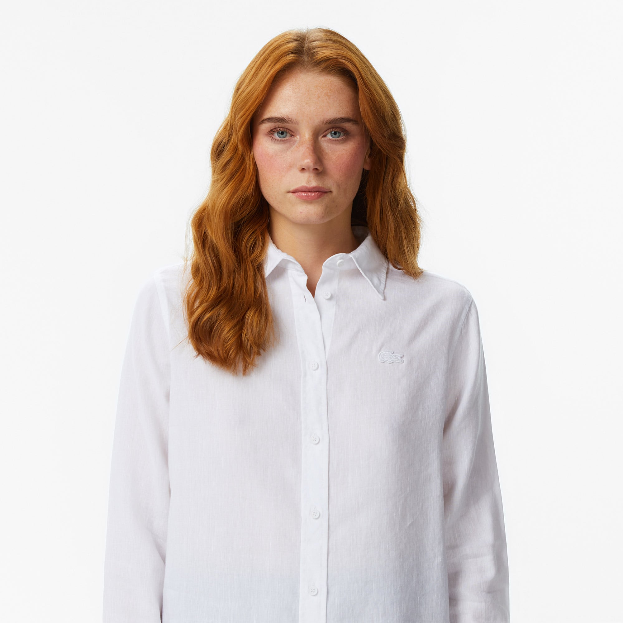 Lacoste Kadın Relaxed Fit Keten Beyaz Gömlek görsel 2