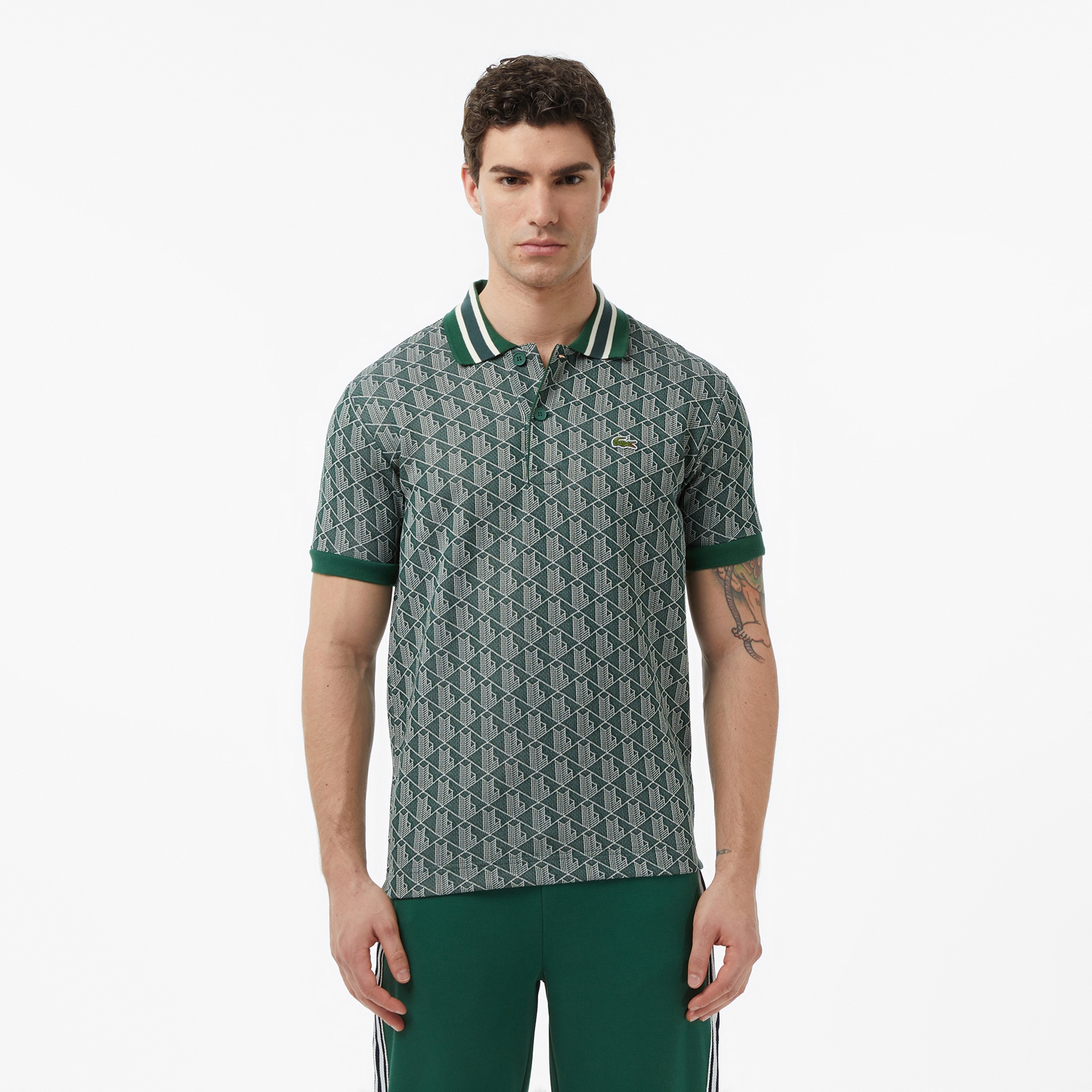 Erkek Classic Fit Monogram Yeşil Polo