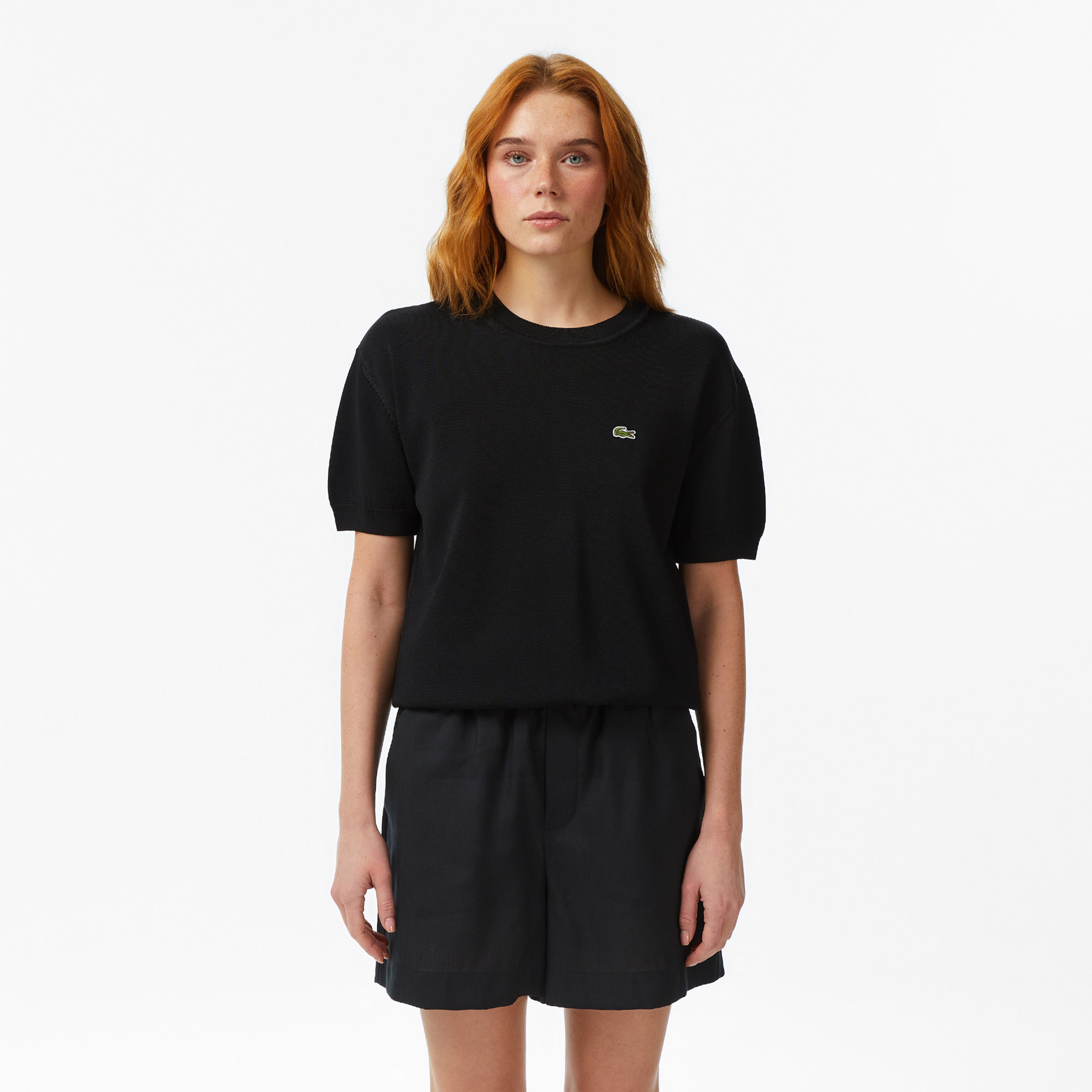 Kadın Relaxed Fit Kısa Kollu Bisiklet Yaka Siyah Bluz