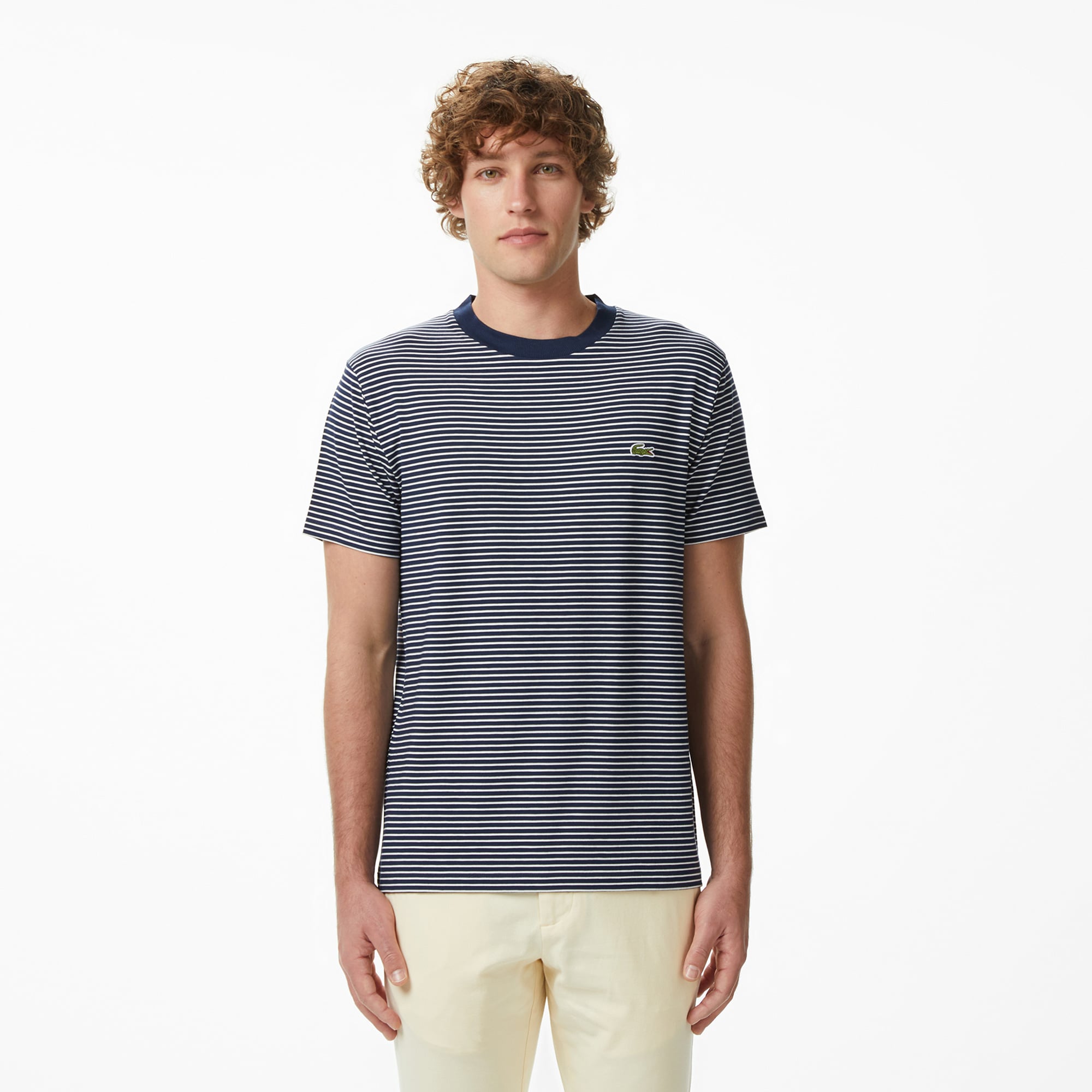 Lacoste Erkek Regular Fit Bisiklet Yaka Çizgili Lacivert T-Shirt