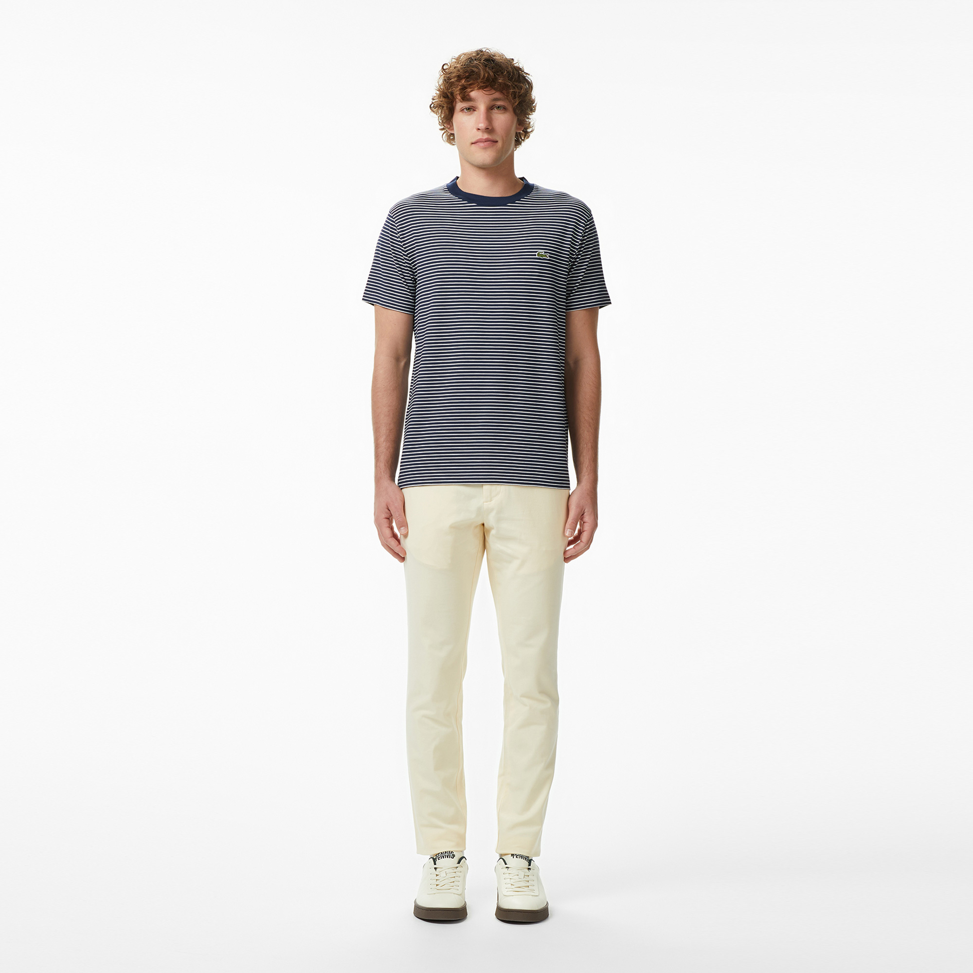 Lacoste Erkek Regular Fit Bisiklet Yaka Çizgili Lacivert T-Shirt görsel 4