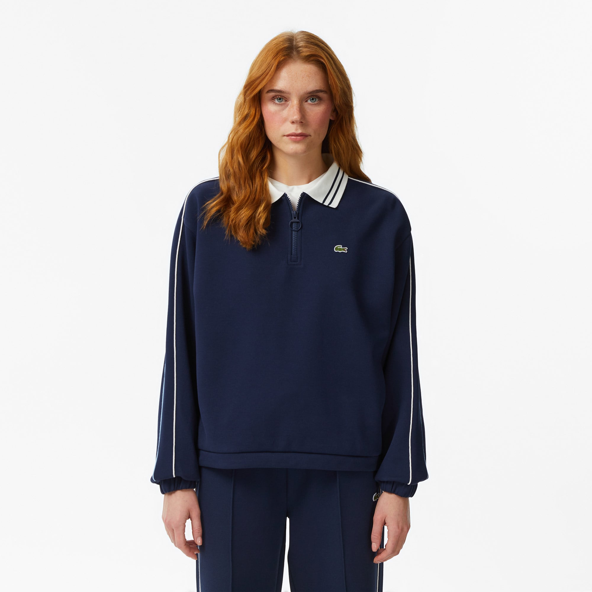 Lacoste Kadın Loose Fit Polo Yaka Lacivert Sweatshirt