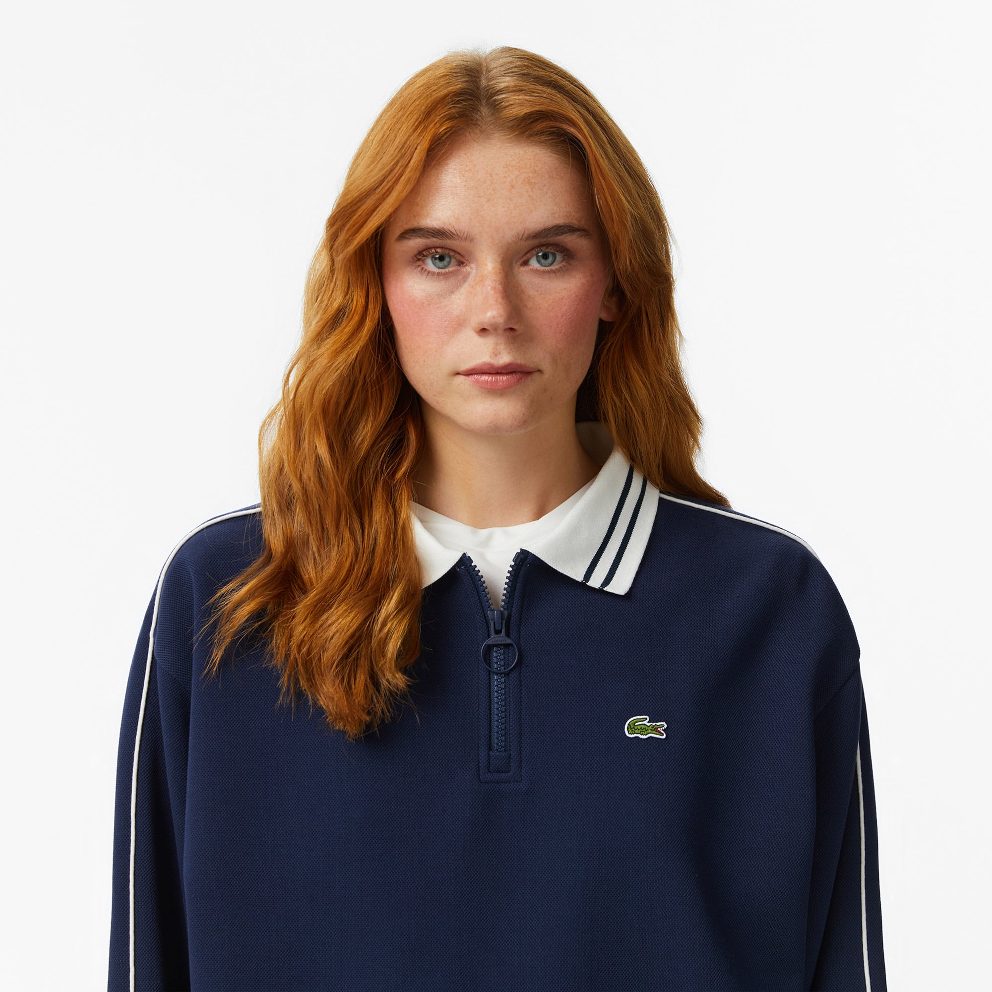 Lacoste Kadın Loose Fit Polo Yaka Lacivert Sweatshirt görsel 2
