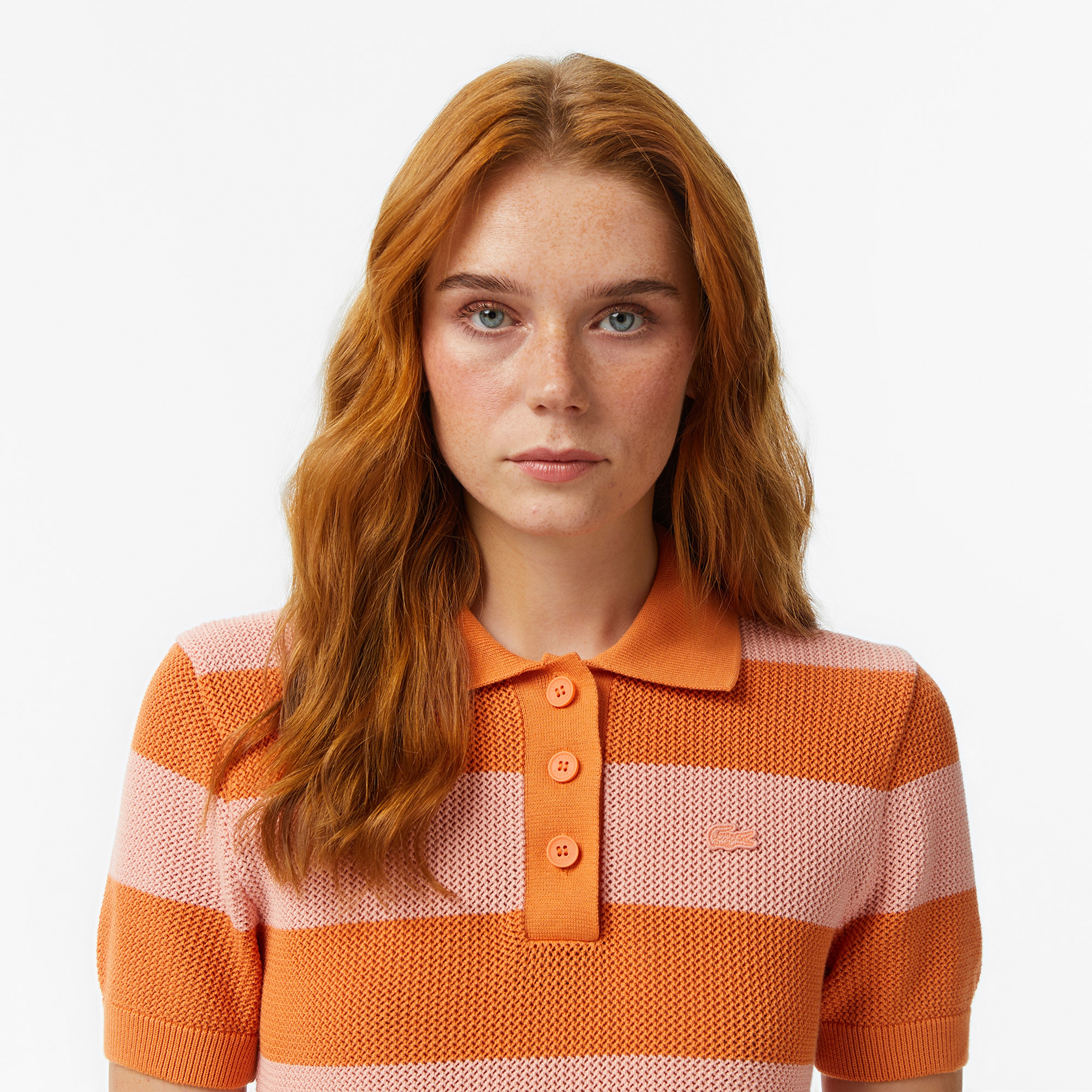 Kadın Regular Fit Kısa Kollu Polo Yaka Çizgili Turuncu Bluz