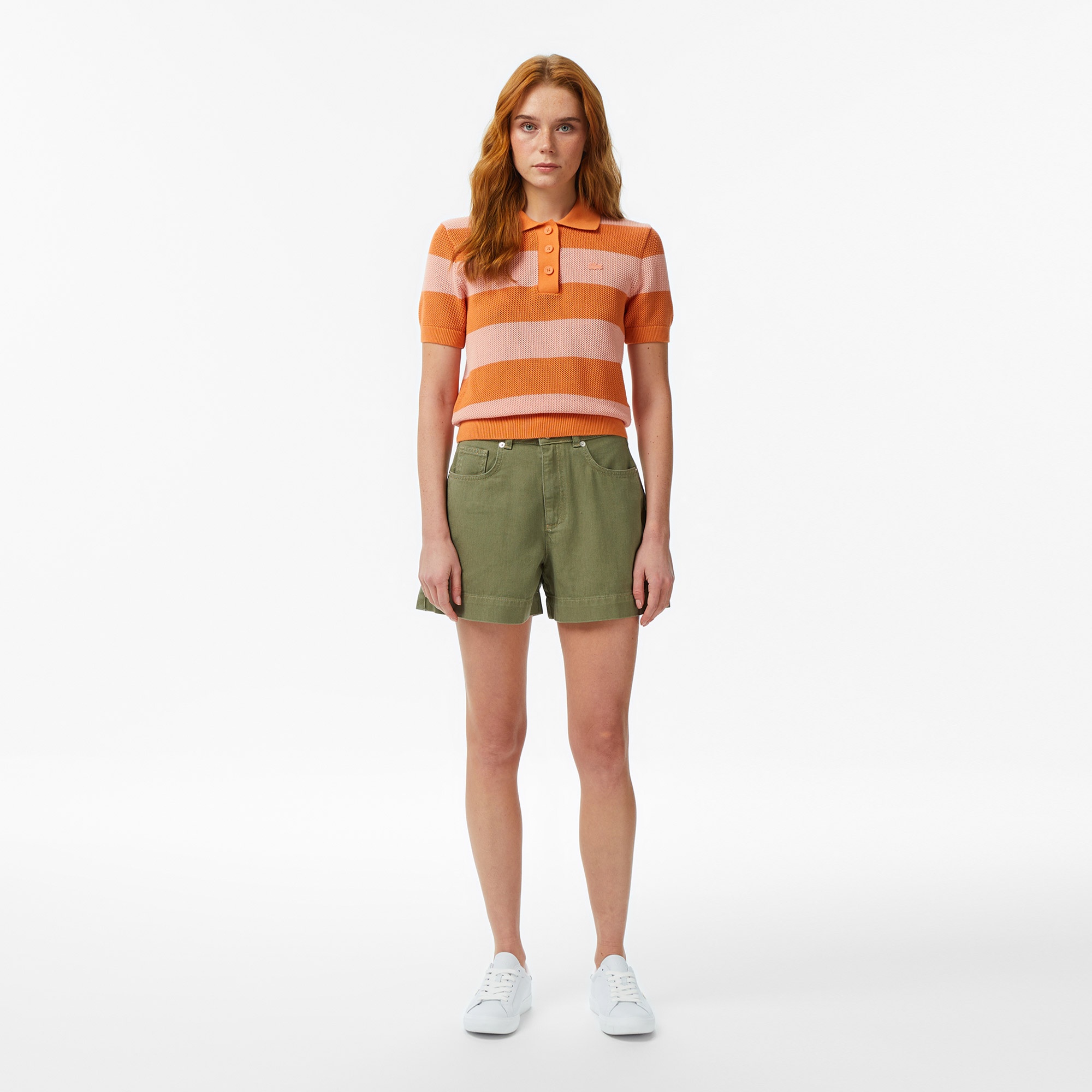 Kadın Regular Fit Kısa Kollu Polo Yaka Çizgili Turuncu Bluz