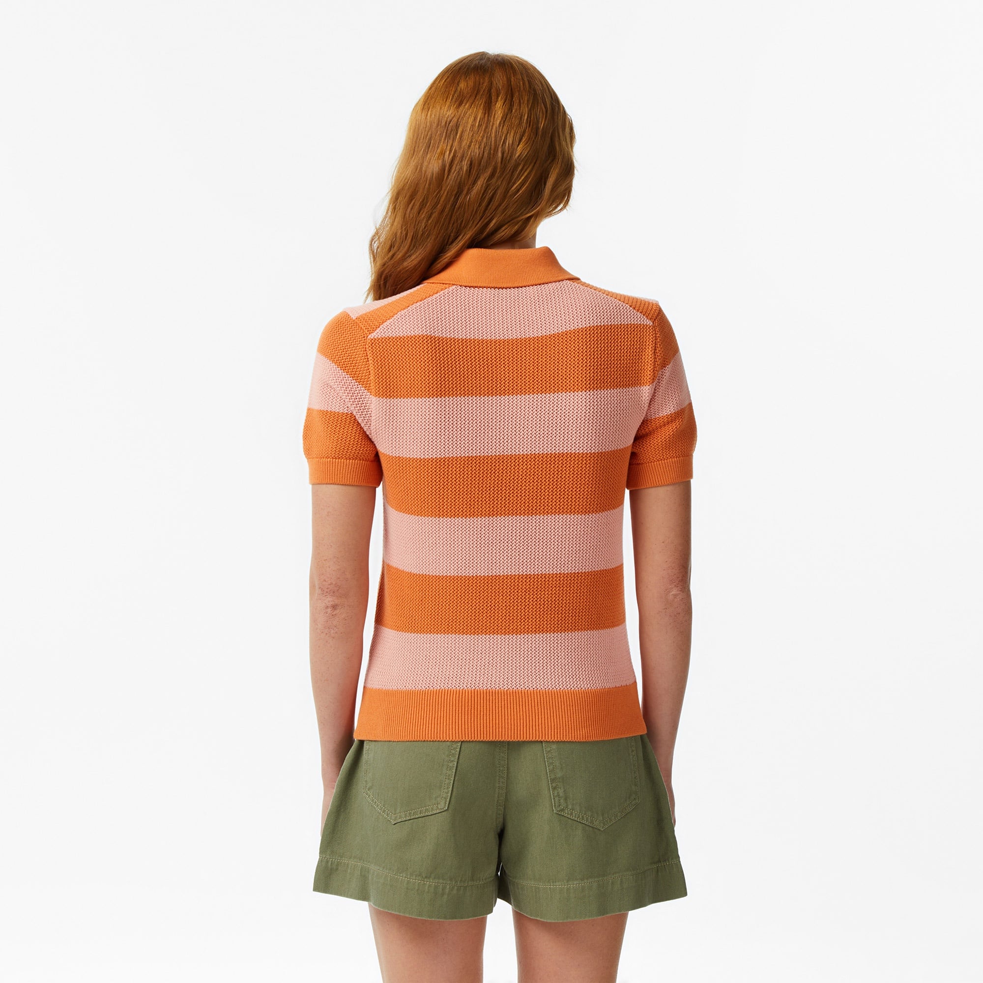 Kadın Regular Fit Kısa Kollu Polo Yaka Çizgili Turuncu Bluz