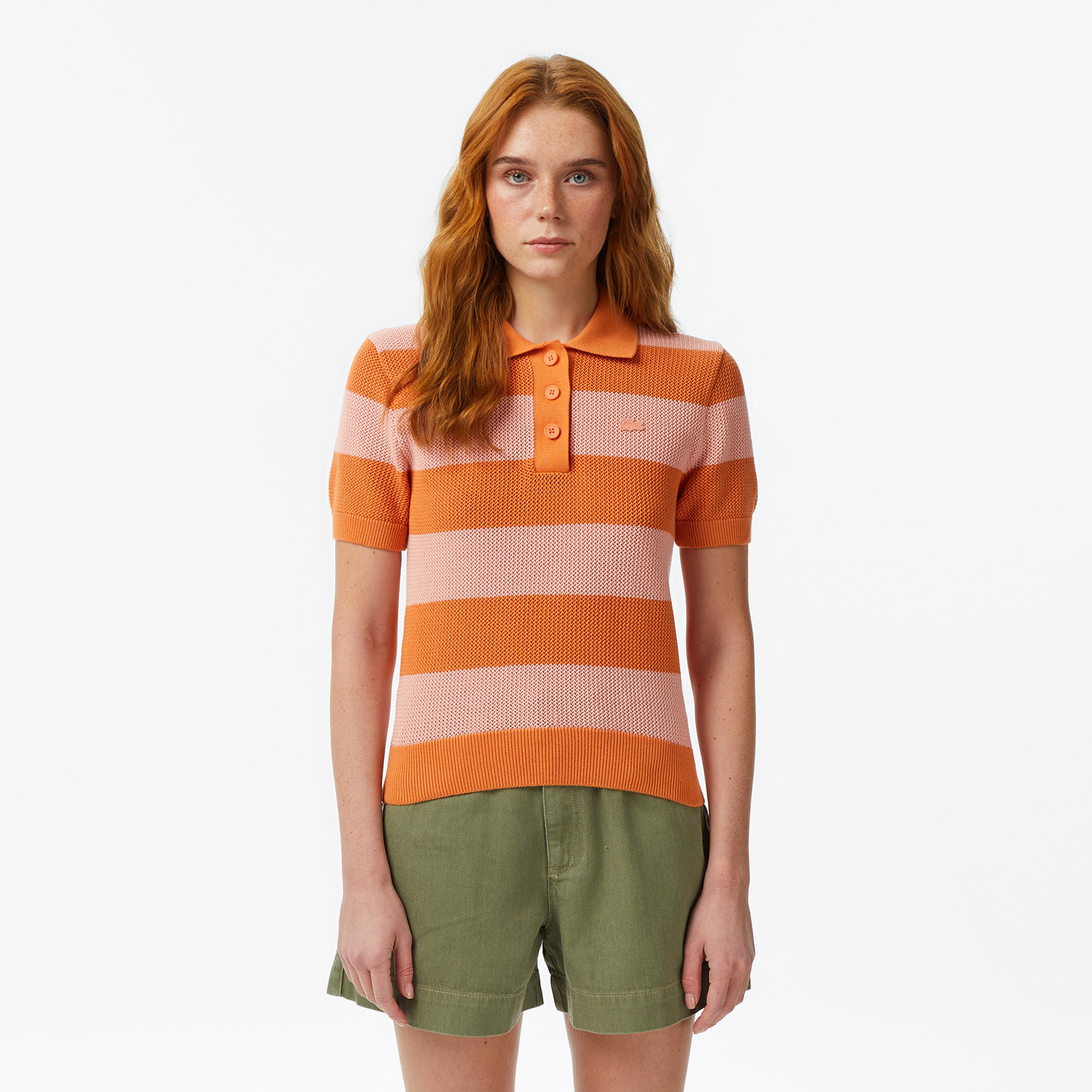 Kadın Regular Fit Kısa Kollu Polo Yaka Çizgili Turuncu Bluz