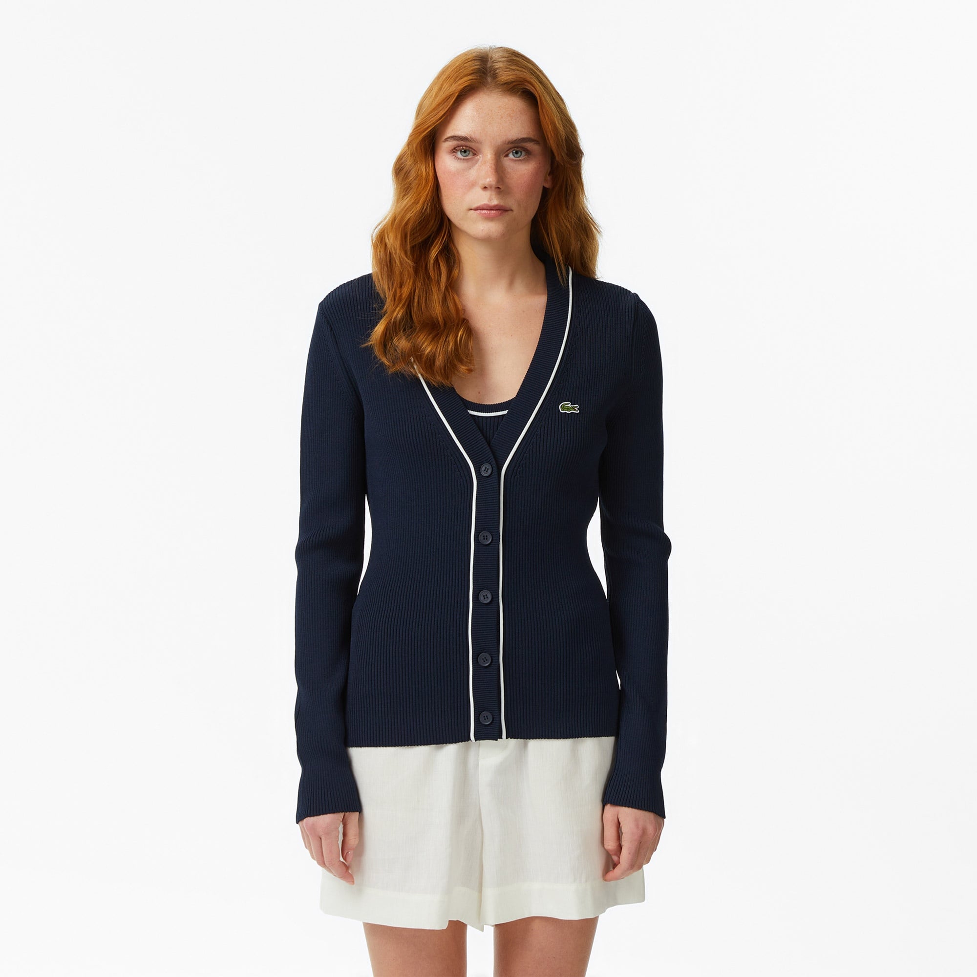 Kadın Slim Fit V Yaka Lacivert Bluz