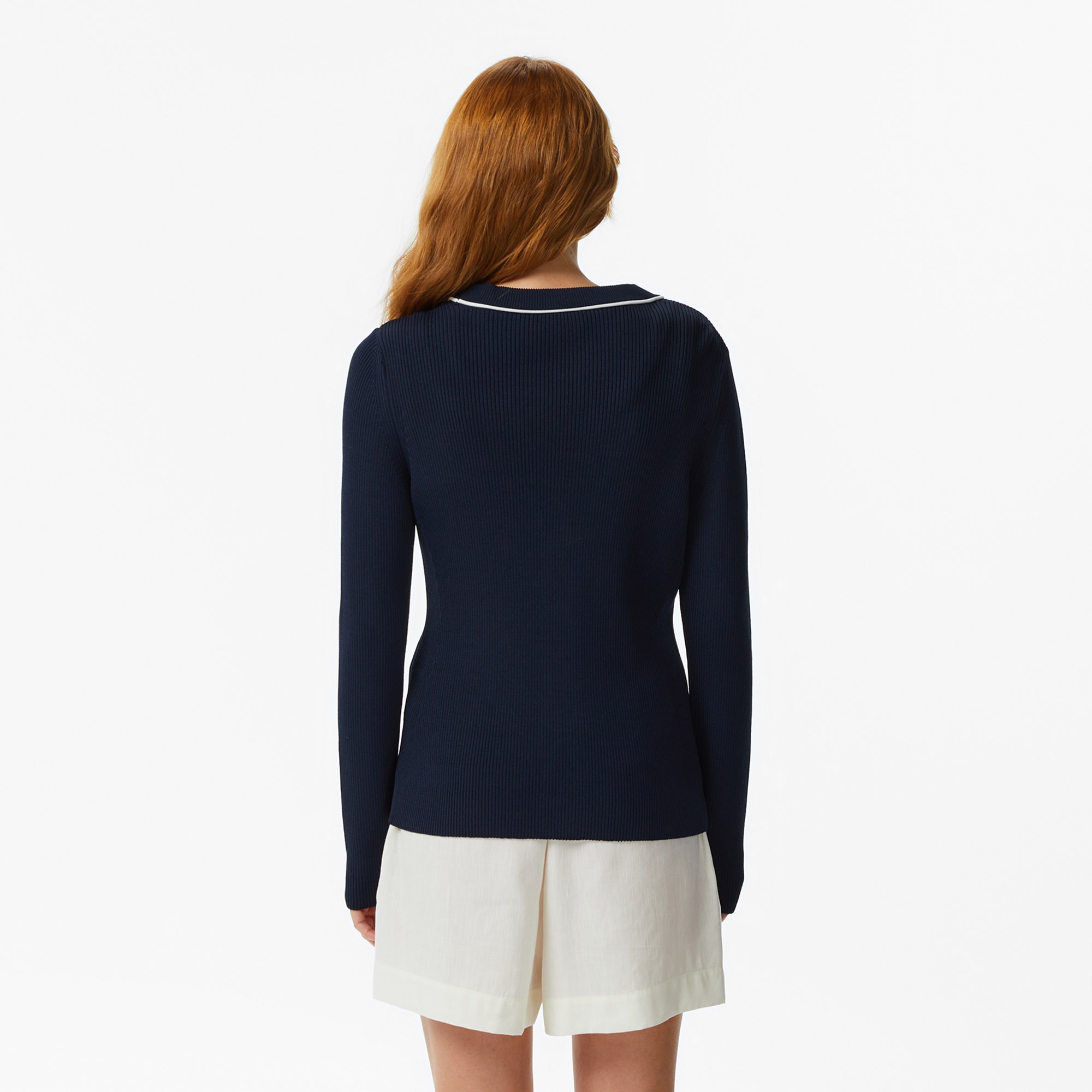 Kadın Slim Fit V Yaka Lacivert Bluz