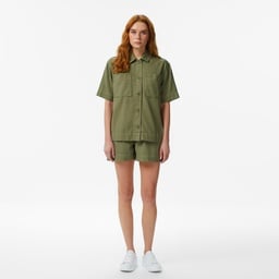 Kadın Regular Fit Kısa Kollu Düğmeli Yaka Haki Gömlek Yeşil