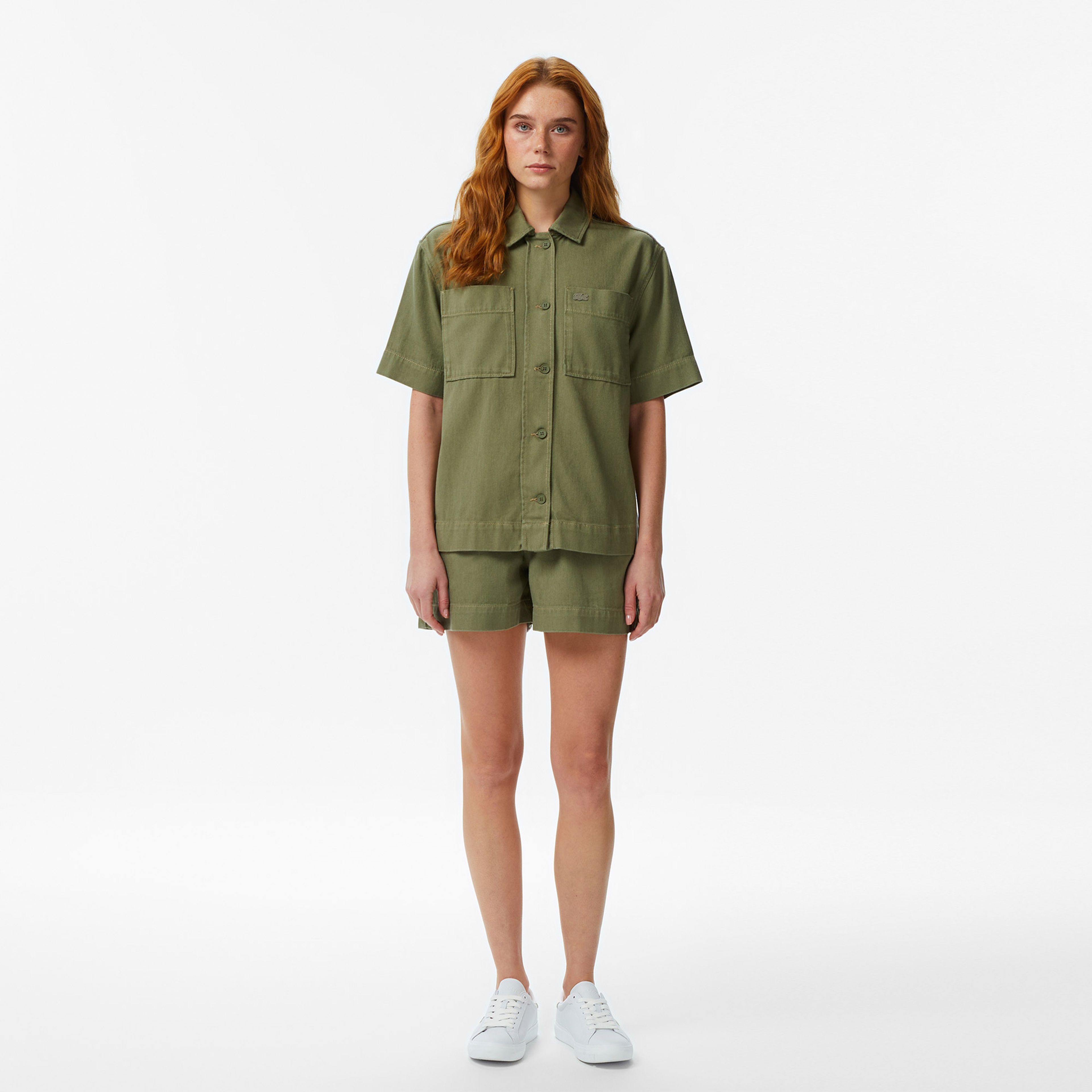 Kadın Regular Fit Kısa Kollu Düğmeli Yaka Haki Gömlek