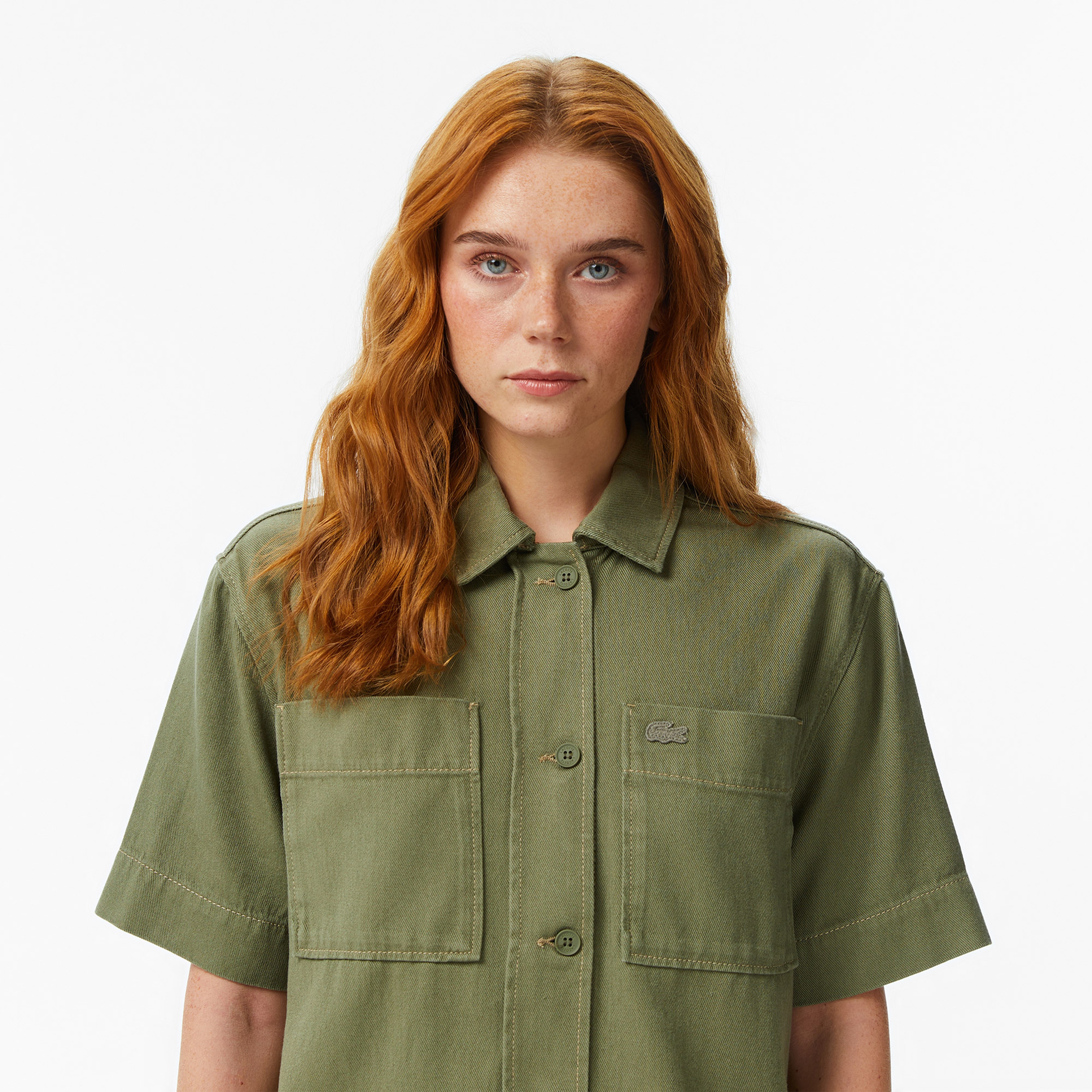 Kadın Regular Fit Kısa Kollu Düğmeli Yaka Haki Gömlek