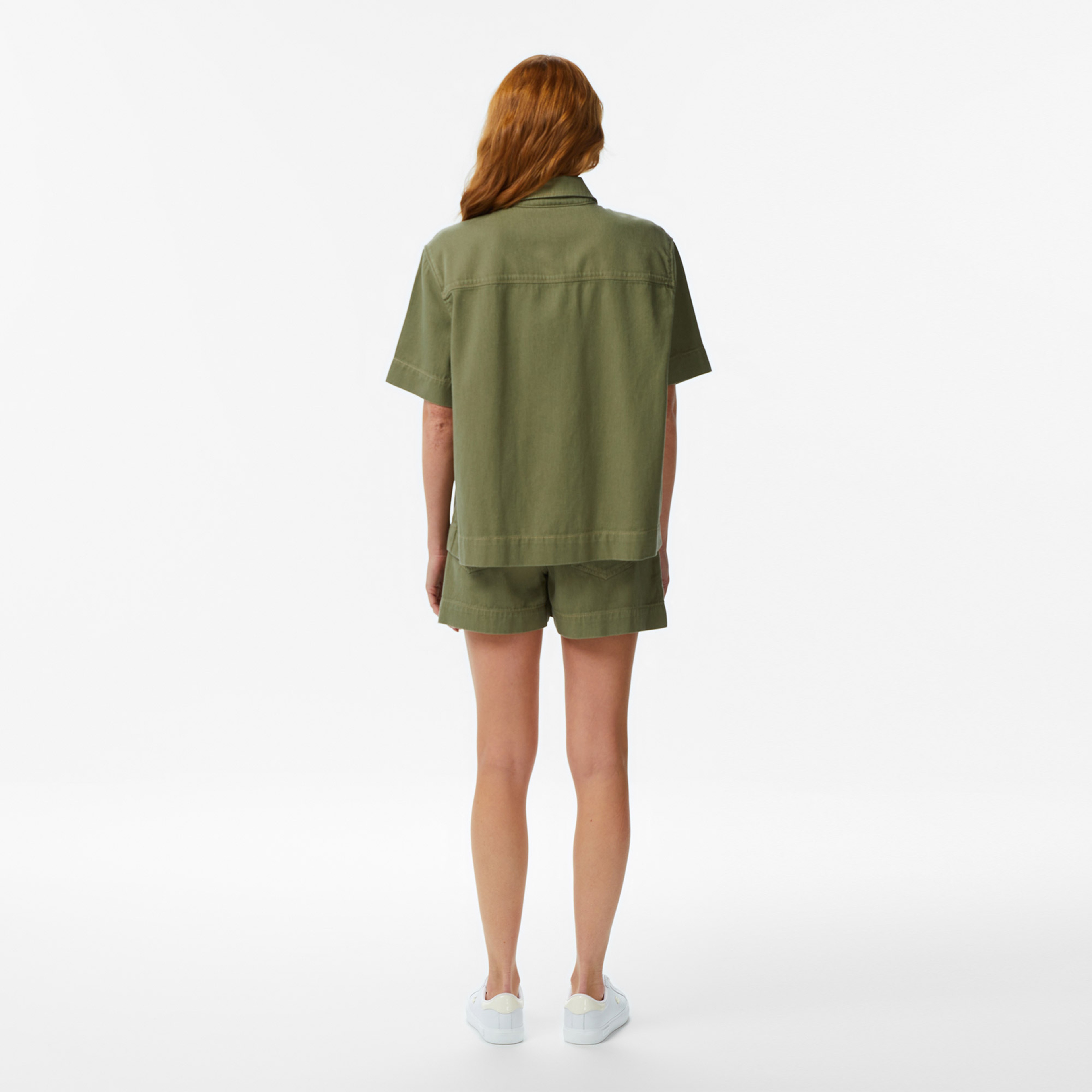 Kadın Regular Fit Kısa Kollu Düğmeli Yaka Haki Gömlek