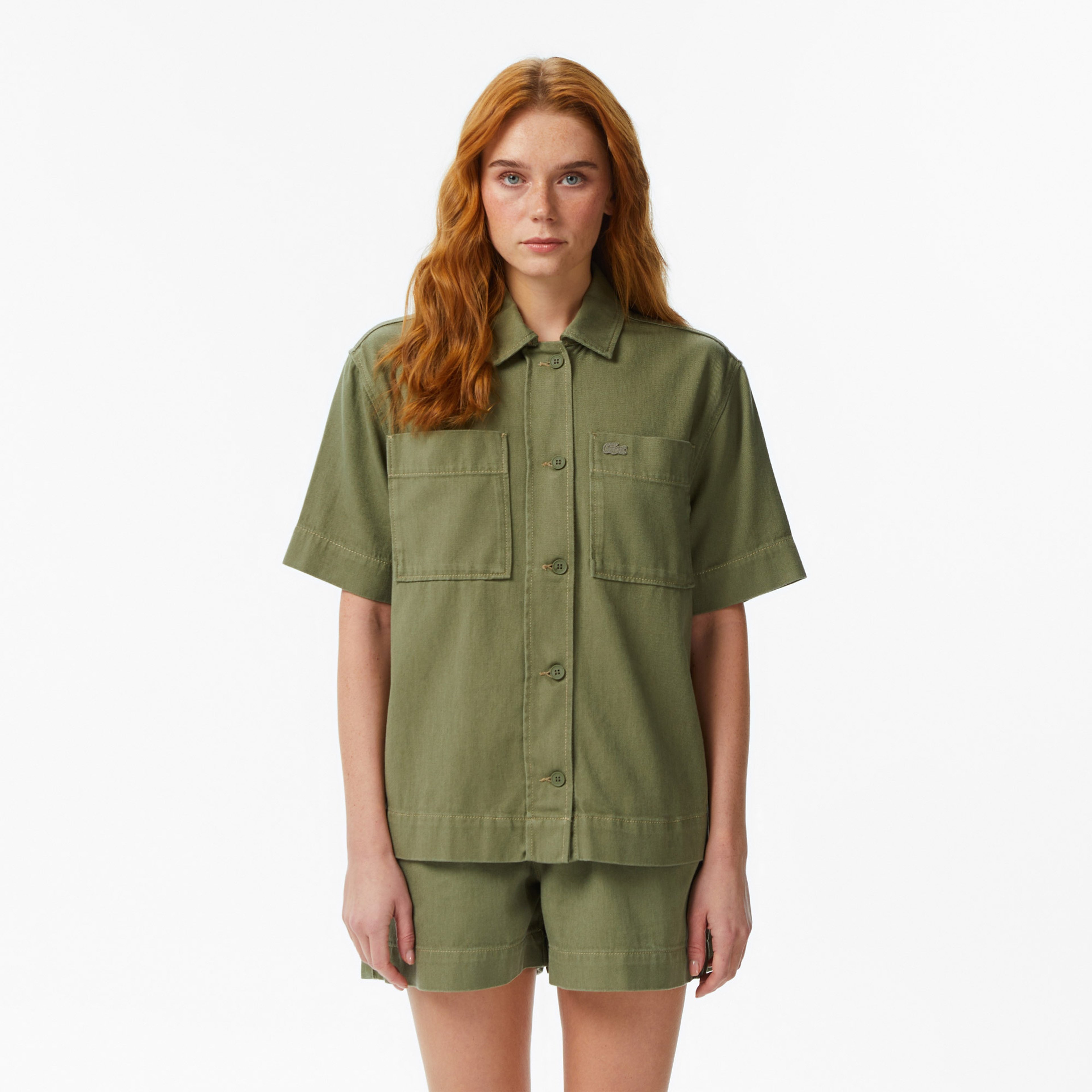 Kadın Regular Fit Kısa Kollu Düğmeli Yaka Haki Gömlek