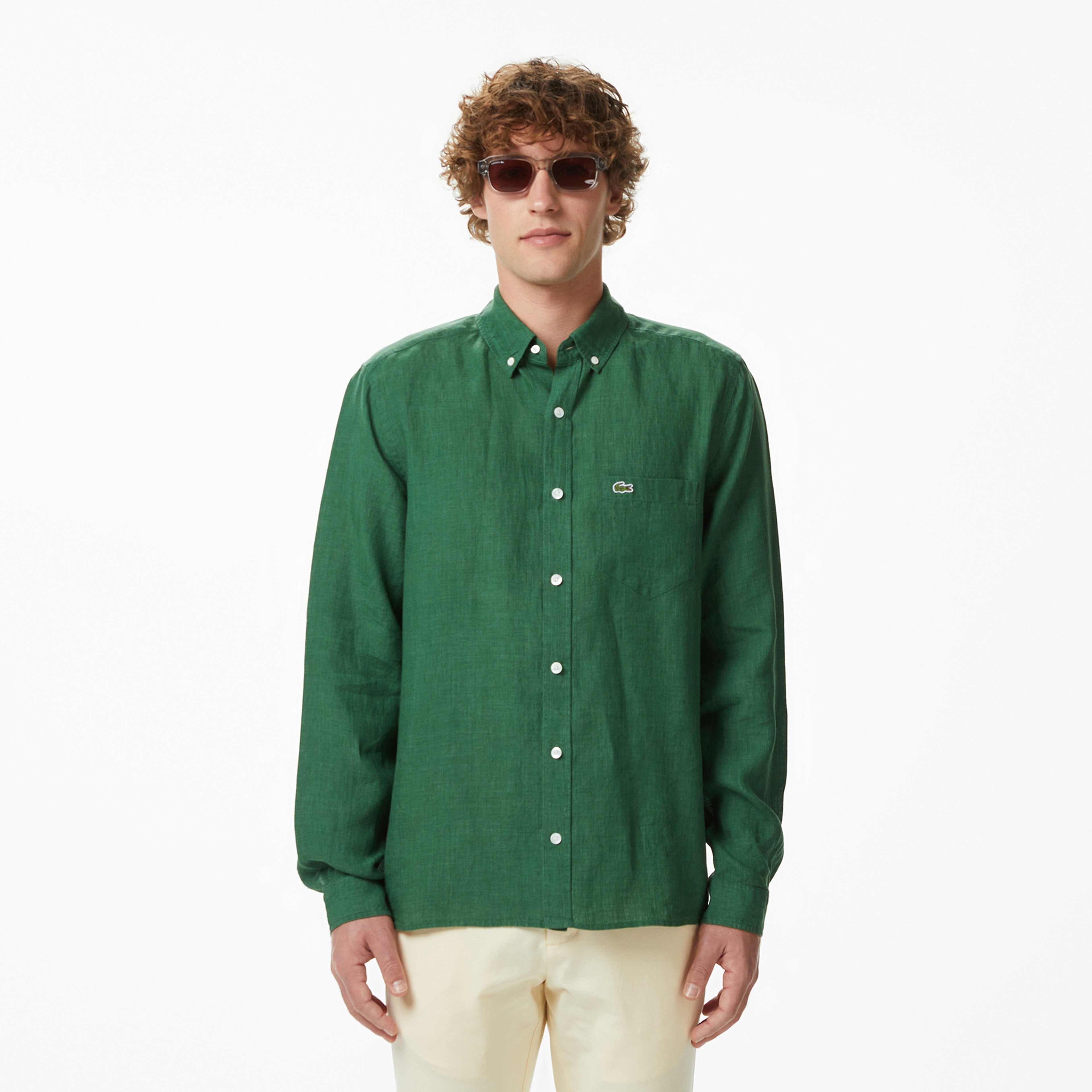 Erkek Regular Fit Düğmeli Yaka Keten Koyu Yeşil Gömlek Erkek Regular Fit Düğmeli Yaka Keten Koyu Yeşil Gömlek