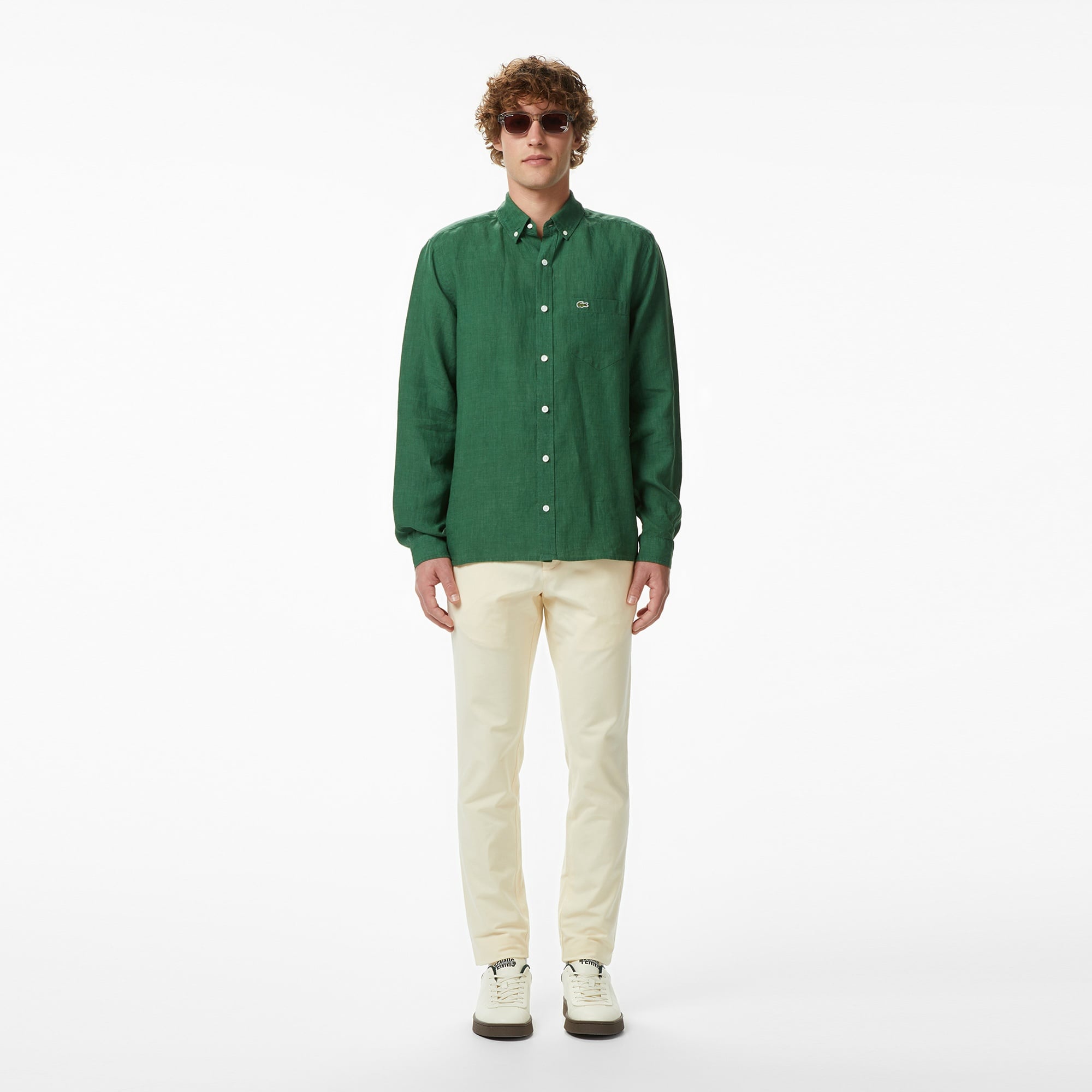 Erkek Regular Fit Düğmeli Yaka Keten Koyu Yeşil Gömlek