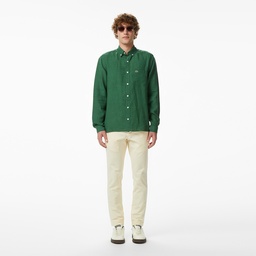 Erkek Regular Fit Düğmeli Yaka Keten Koyu Yeşil Gömlek Yeşil