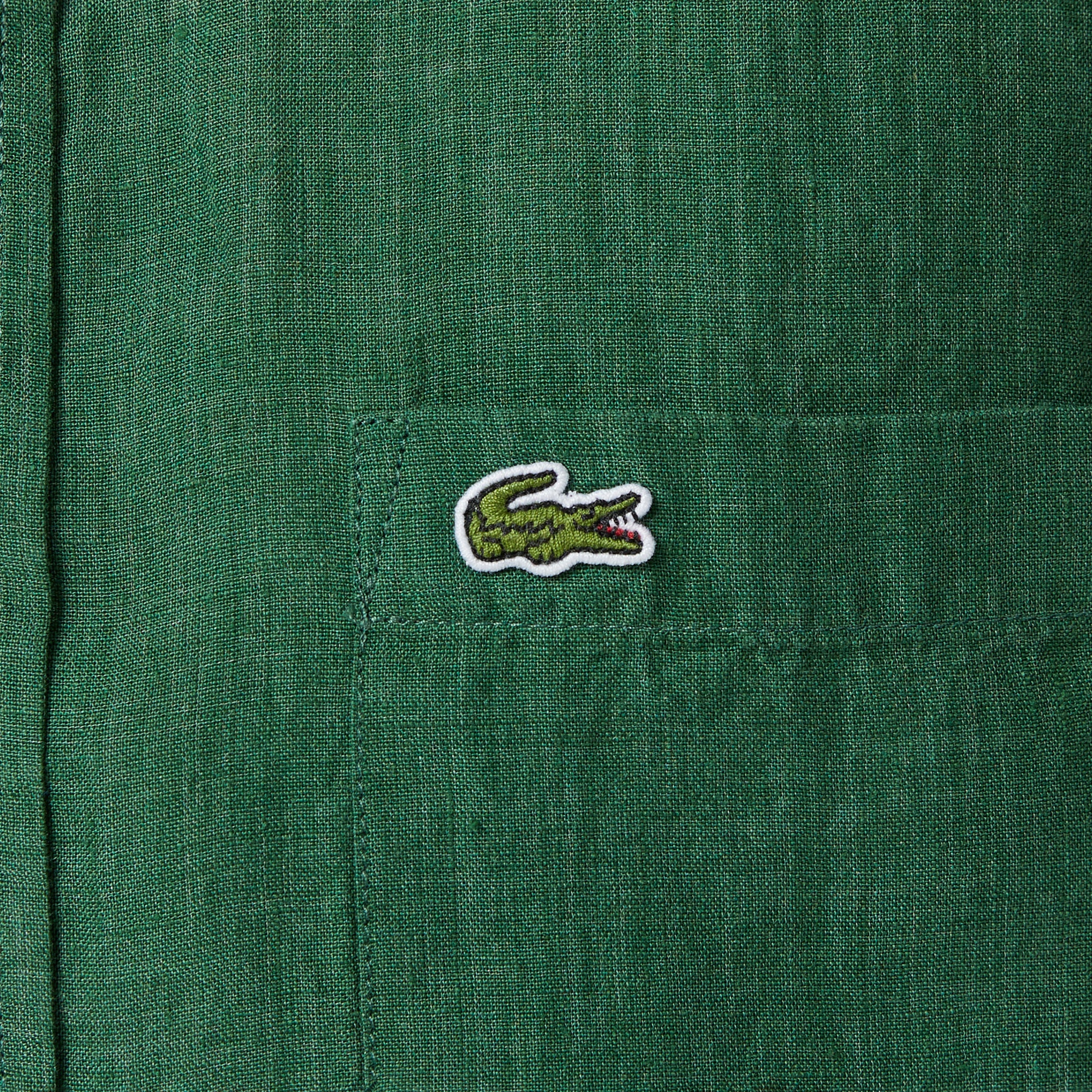 Erkek Regular Fit Düğmeli Yaka Keten Koyu Yeşil Gömlek