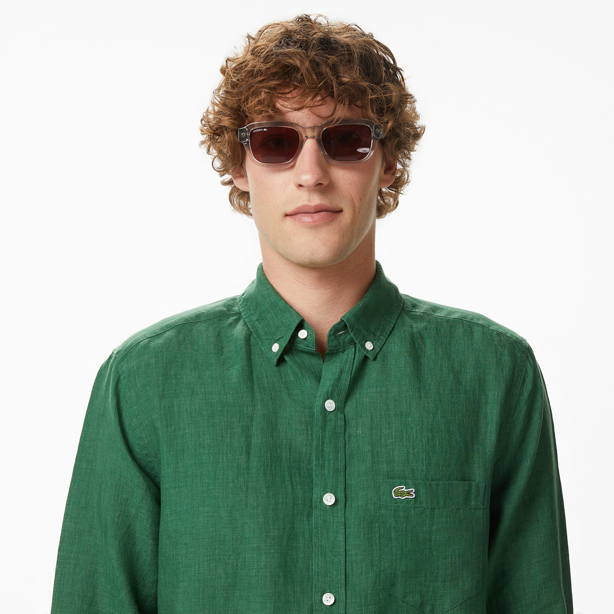 Erkek Regular Fit Düğmeli Yaka Keten Koyu Yeşil Gömlek