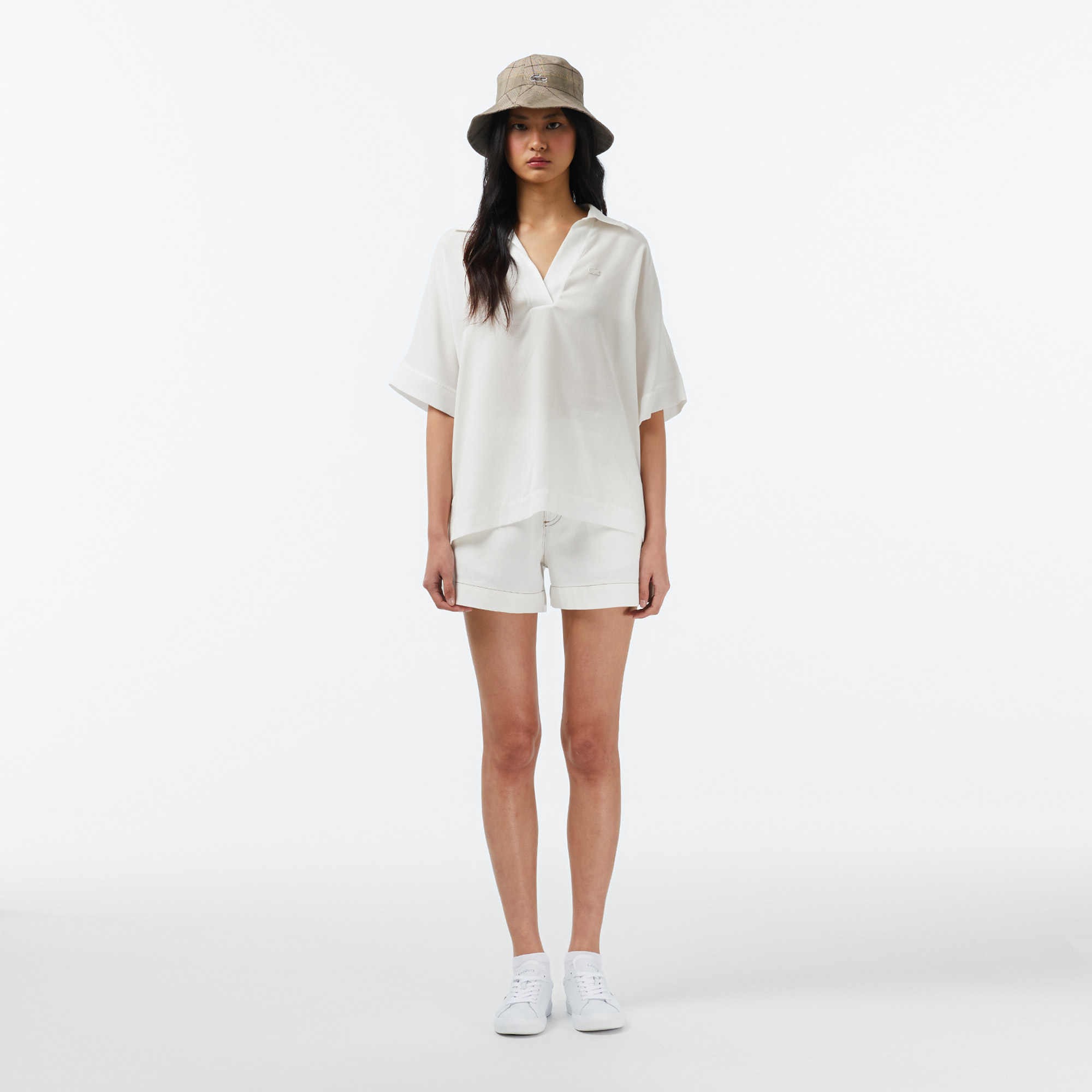 Kadın Regular Fit Kısa Kollu Polo Yaka Renk Bloklu Krem Bluz Kadın Regular Fit Kısa Kollu Polo Yaka Renk Bloklu Krem Bluz