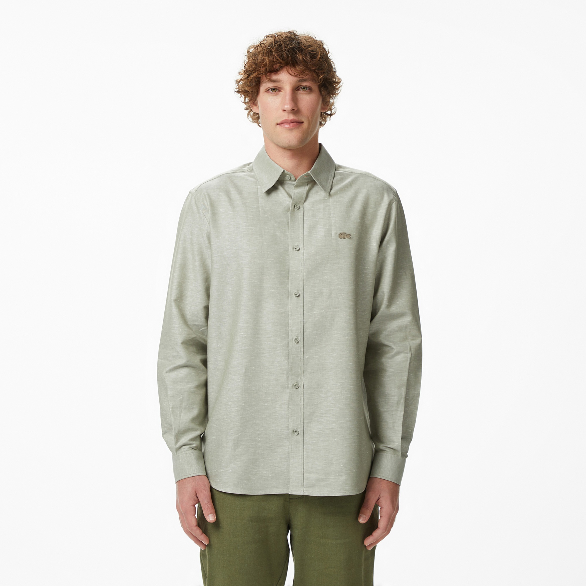 Erkek Regular Fit Düğmeli Yaka Haki Gömlek