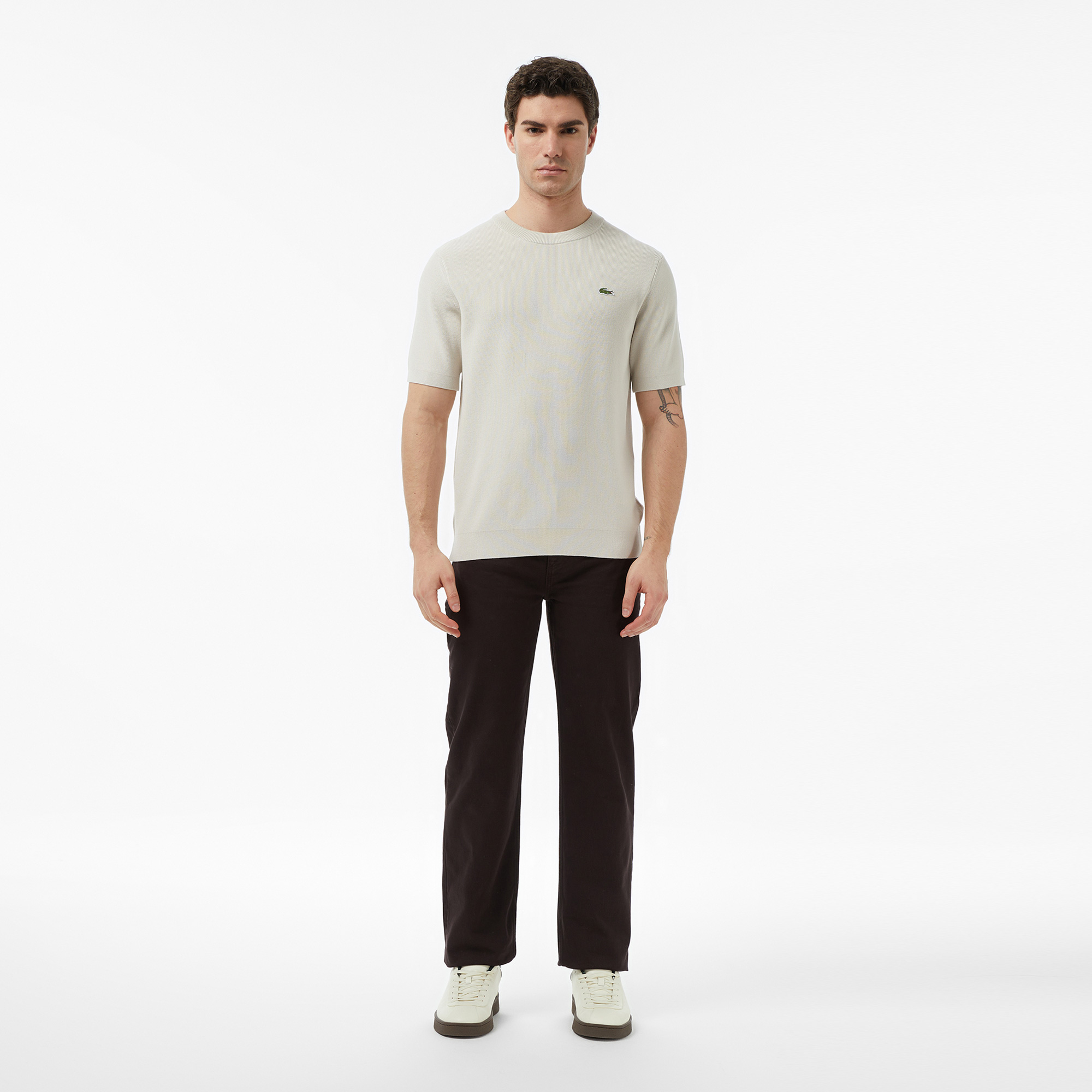Lacoste Erkek Classic Fit Kısa Kollu Bisiklet Yaka Bej Triko görsel 6