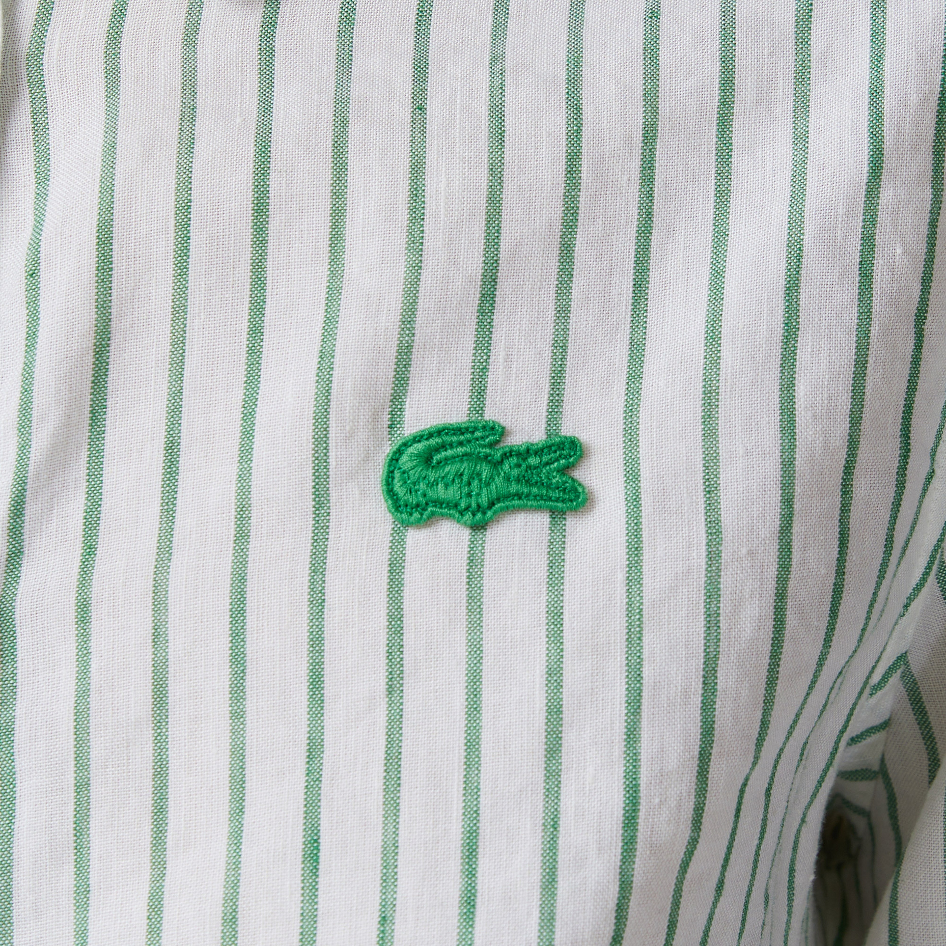 Kadın Relaxed Fit Keten Çizgili Yeşil Gömlek