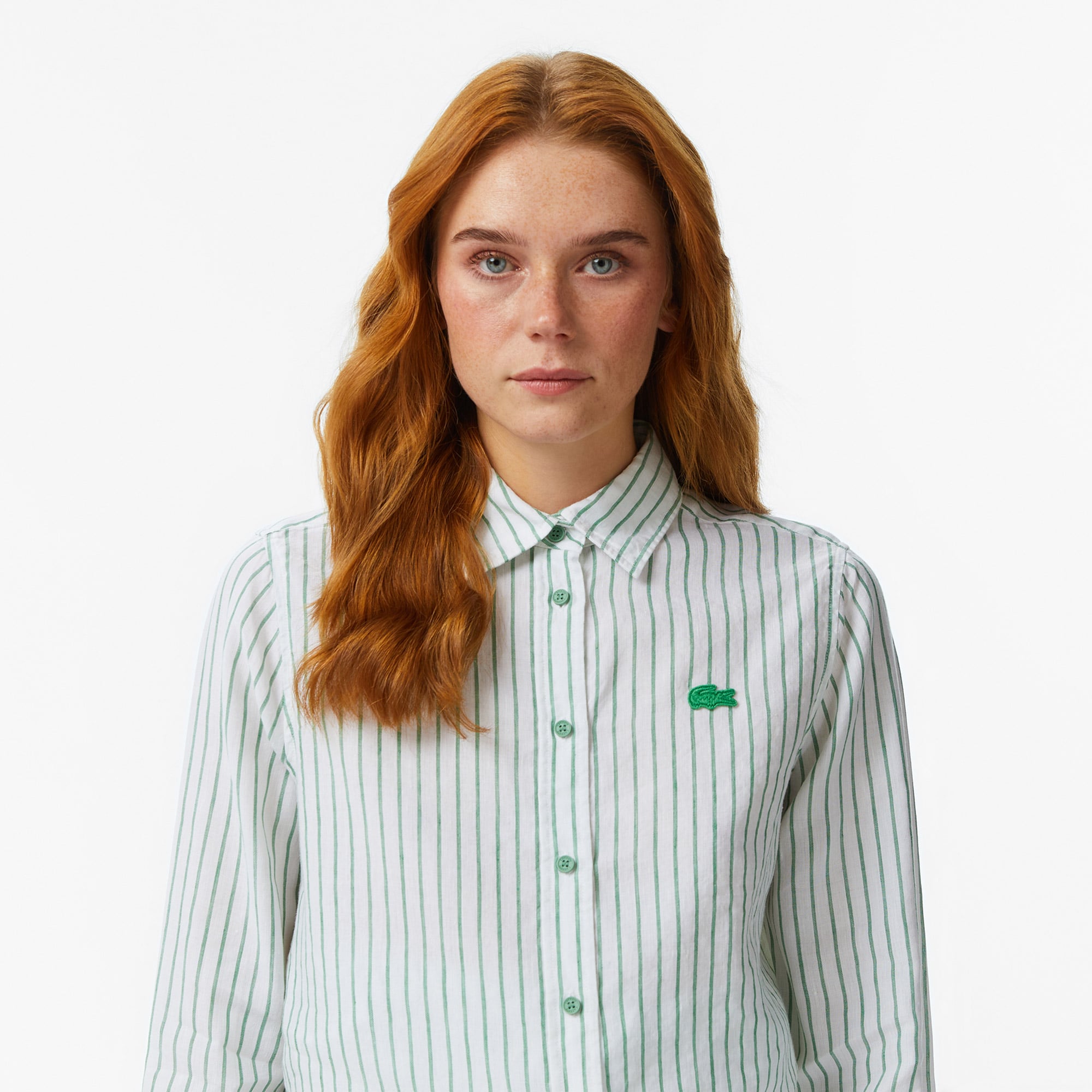 Lacoste Kadın Relaxed Fit Keten Çizgili Yeşil Gömlek görsel 2
