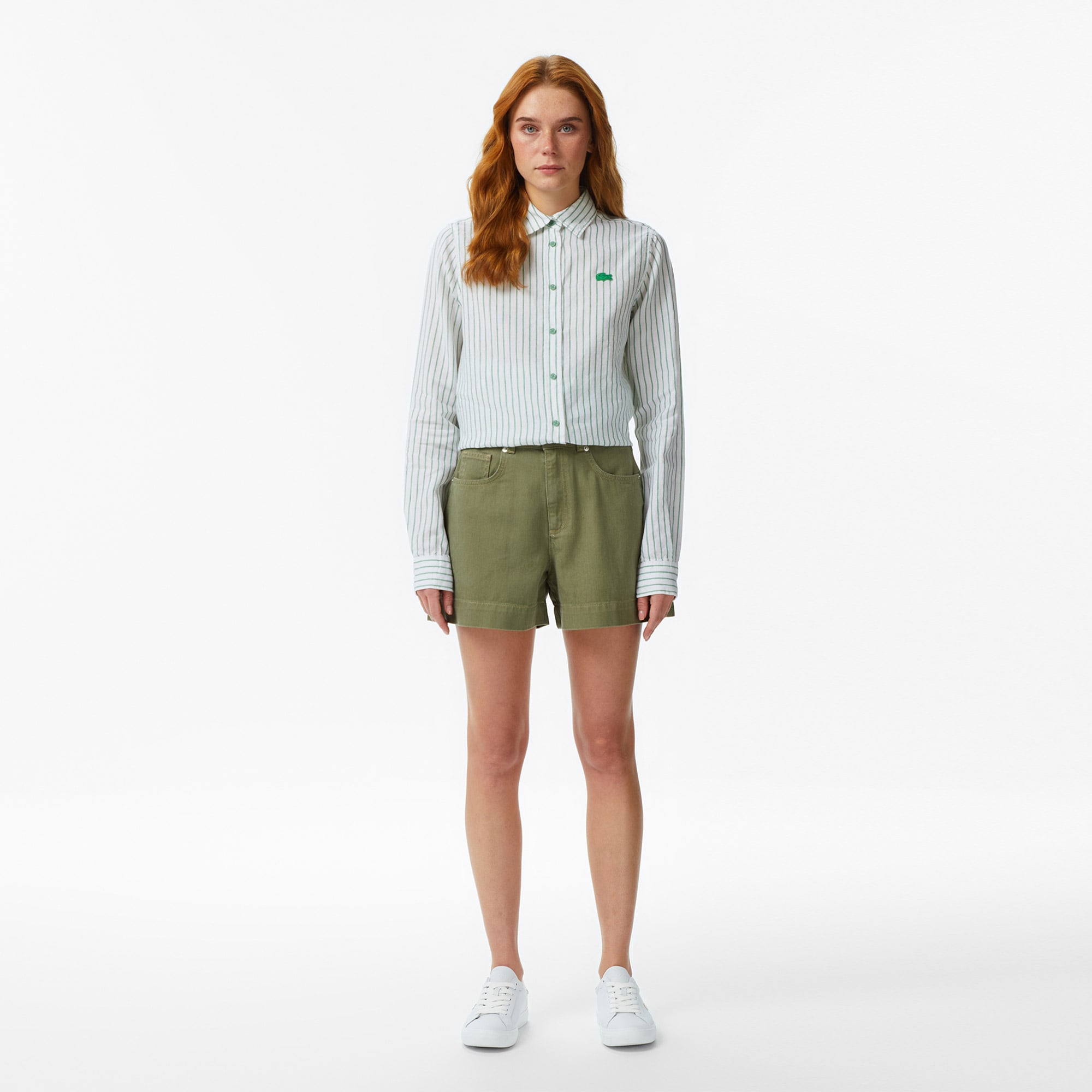 Lacoste Kadın Relaxed Fit Keten Çizgili Yeşil Gömlek görsel 6