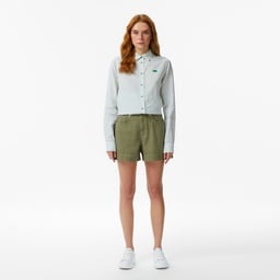 Kadın Relaxed Fit Keten Çizgili Yeşil Gömlek Yeşil