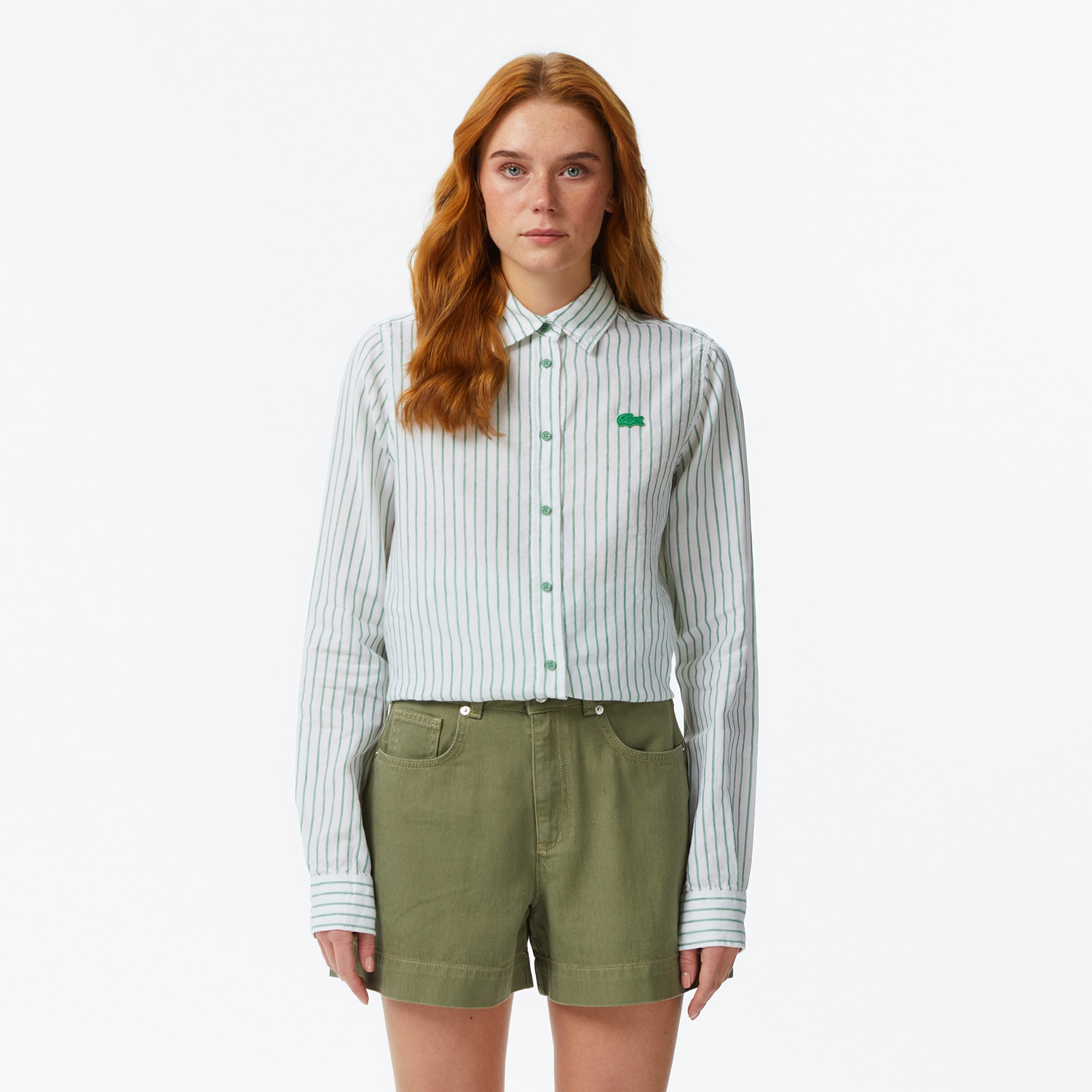Kadın Relaxed Fit Keten Çizgili Yeşil Gömlek