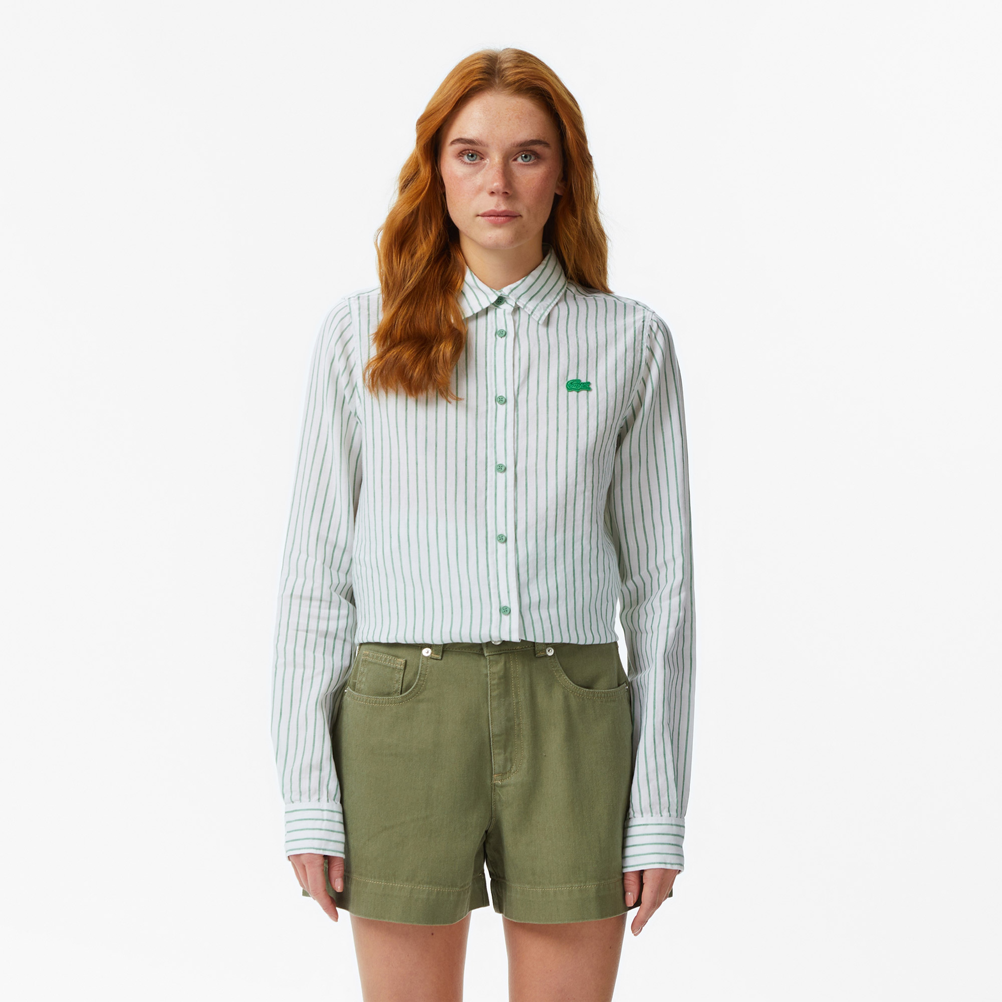 Kadın Relaxed Fit Keten Çizgili Yeşil Gömlek